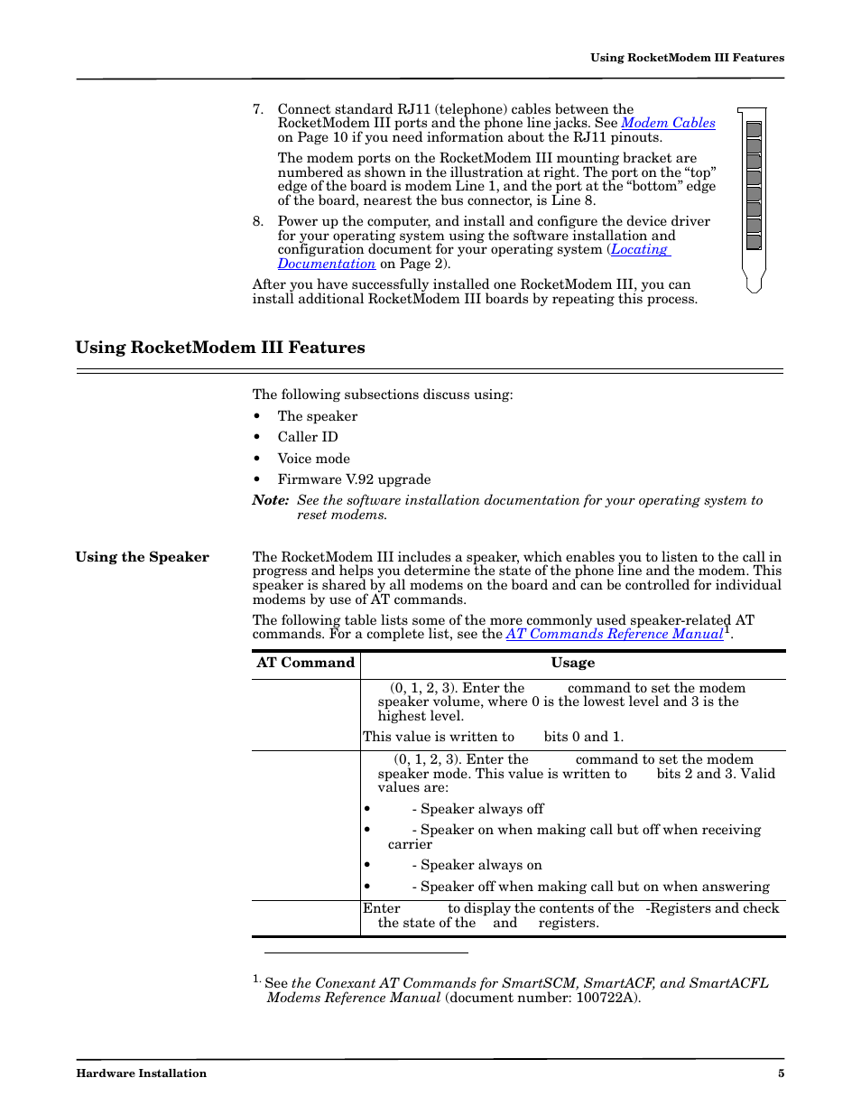 Using rocketmodem iii features, Using the speaker | Comtrol RM III V.90 User Manual | Page 5 / 13