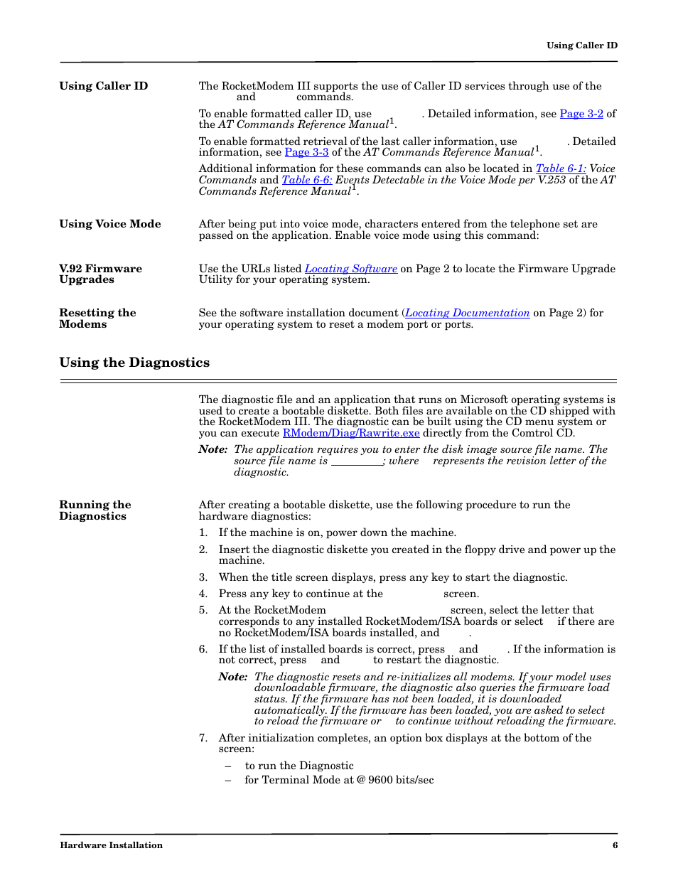 Using caller id, Using voice mode, V.92 firmware upgrades | Resetting the modems, Using the diagnostics, Running the diagnostics | Comtrol RM III V.90 User Manual | Page 6 / 13