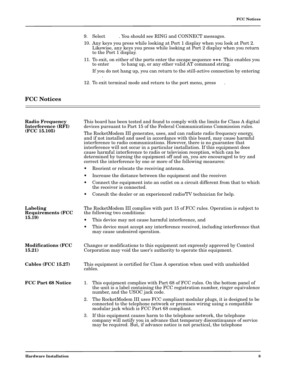 Fcc notices, Radio frequency interference (rfi) (fcc 15.105), Labeling requirements (fcc 15.19) | Modifications (fcc 15.21), Cables (fcc 15.27), Fcc part 68 notice | Comtrol RM III V.90 User Manual | Page 8 / 13