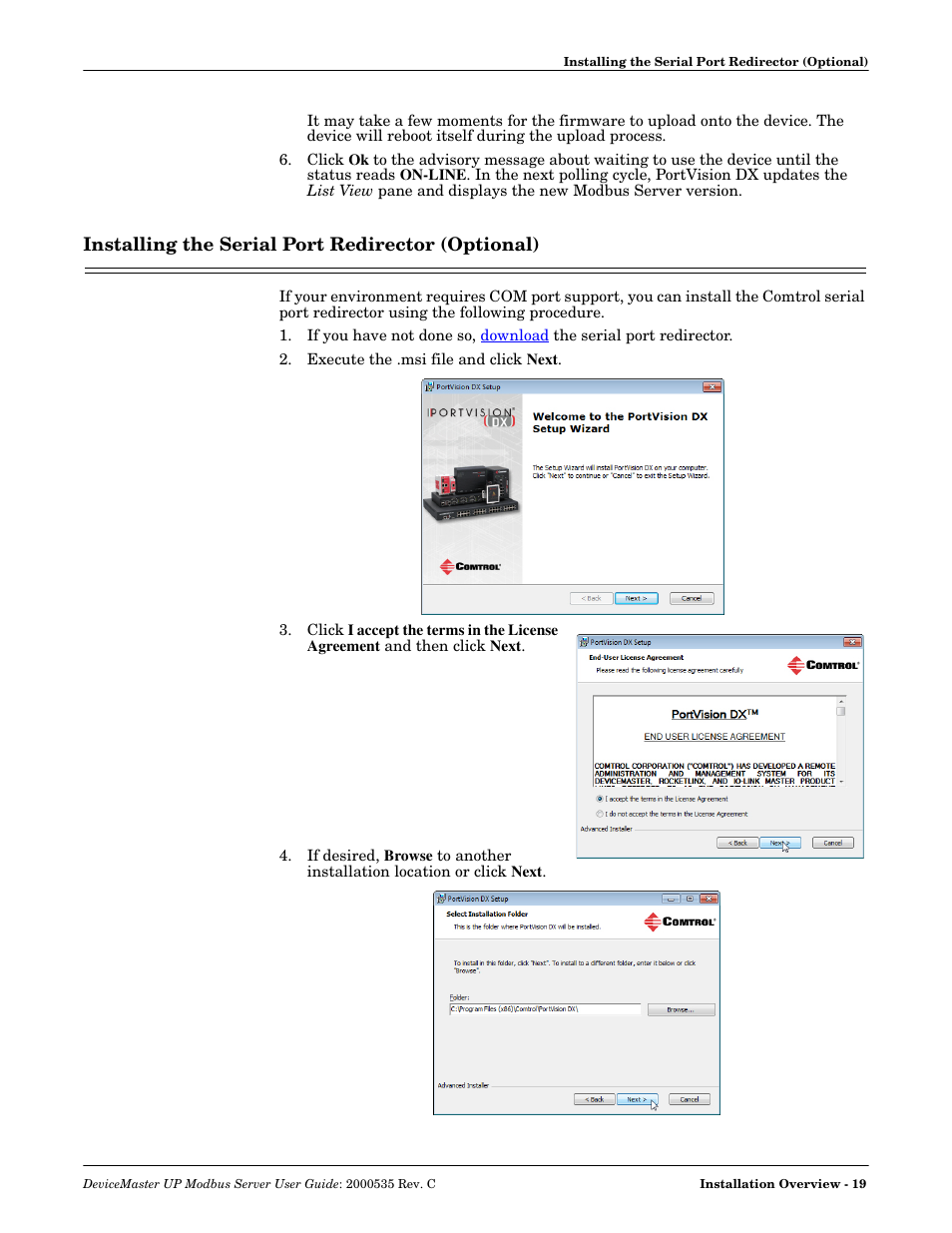 Installing the serial port redirector (optional) | Comtrol Modbus Server User Manual | Page 19 / 40