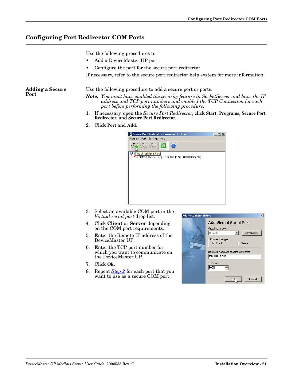 Configuring port redirector com ports, Adding a secure port | Comtrol Modbus Server User Manual | Page 21 / 40