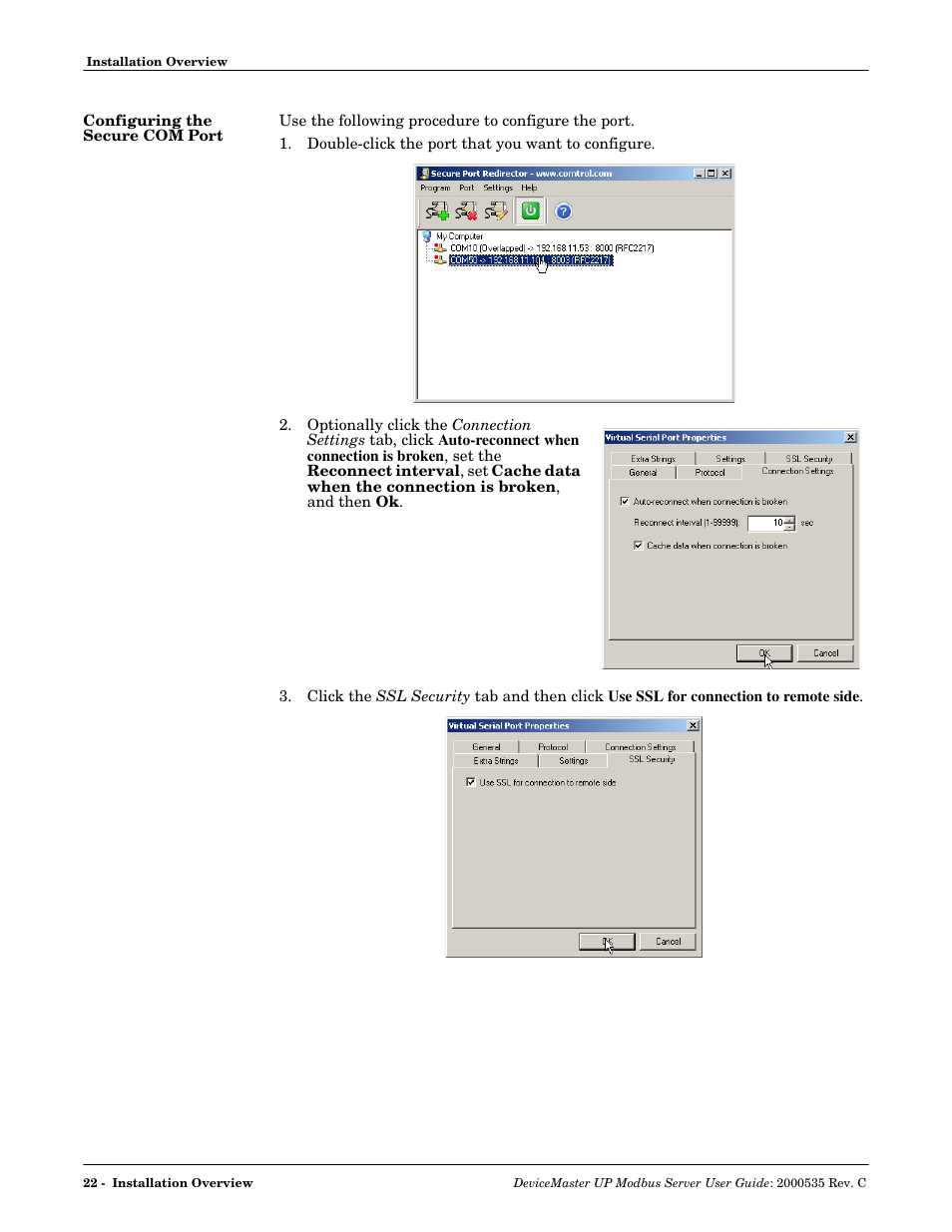 Configuring the secure com port | Comtrol Modbus Server User Manual | Page 22 / 40