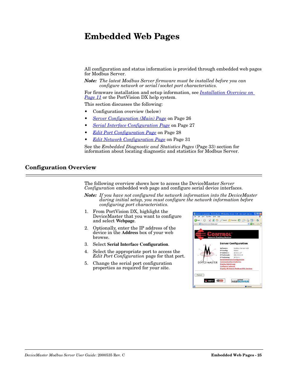 Configuration overview, Embedded web pages | Comtrol Modbus Server User Manual | Page 25 / 40