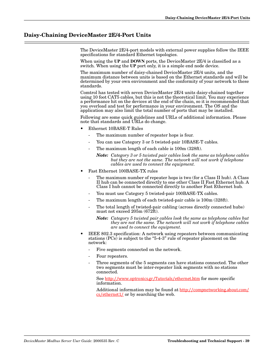Daisy-chaining devicemaster 2e/4-port units | Comtrol Modbus Server User Manual | Page 39 / 40