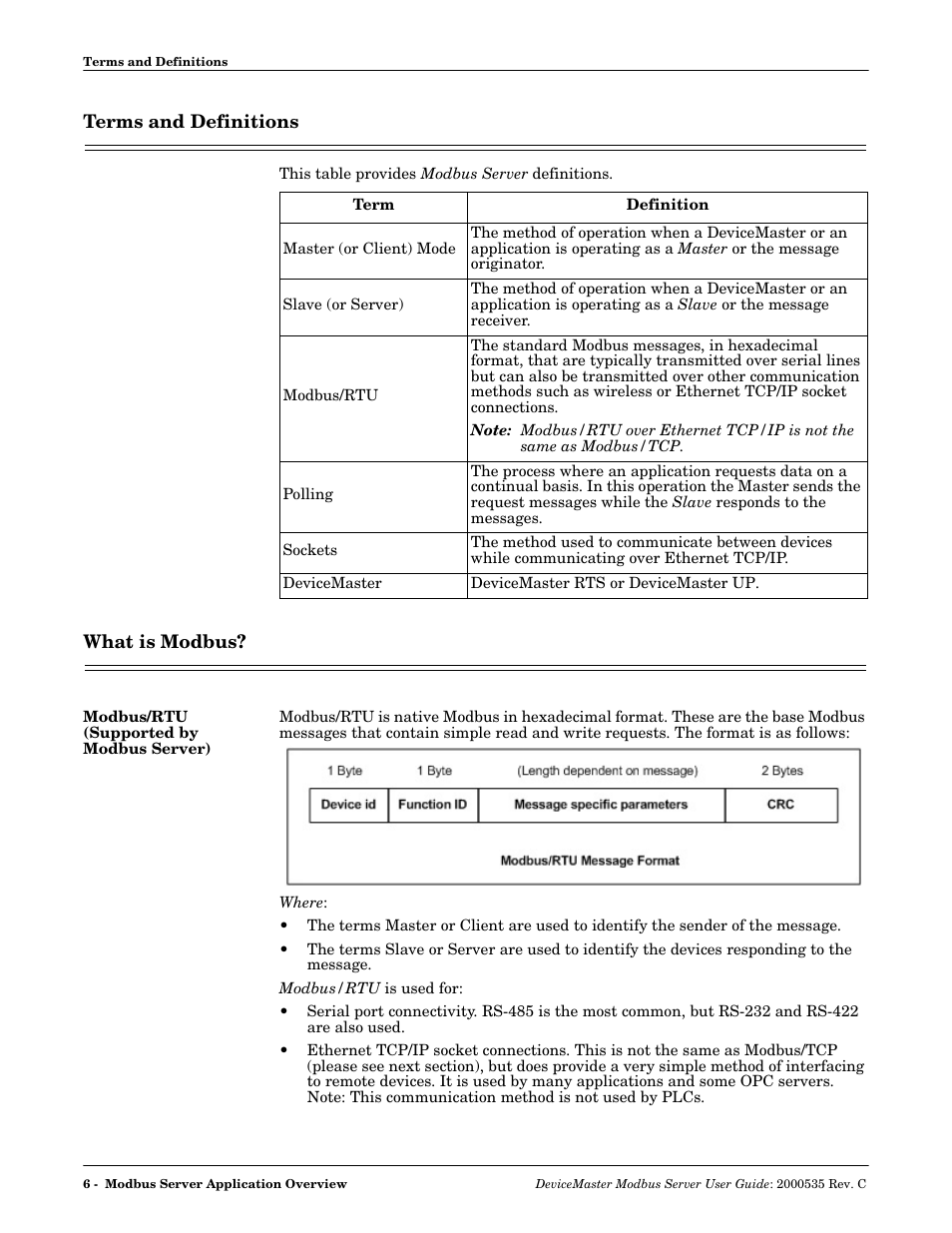 Terms and definitions, What is modbus, Modbus/rtu (supported by modbus server) | Terms and definitions what is modbus | Comtrol Modbus Server User Manual | Page 6 / 40