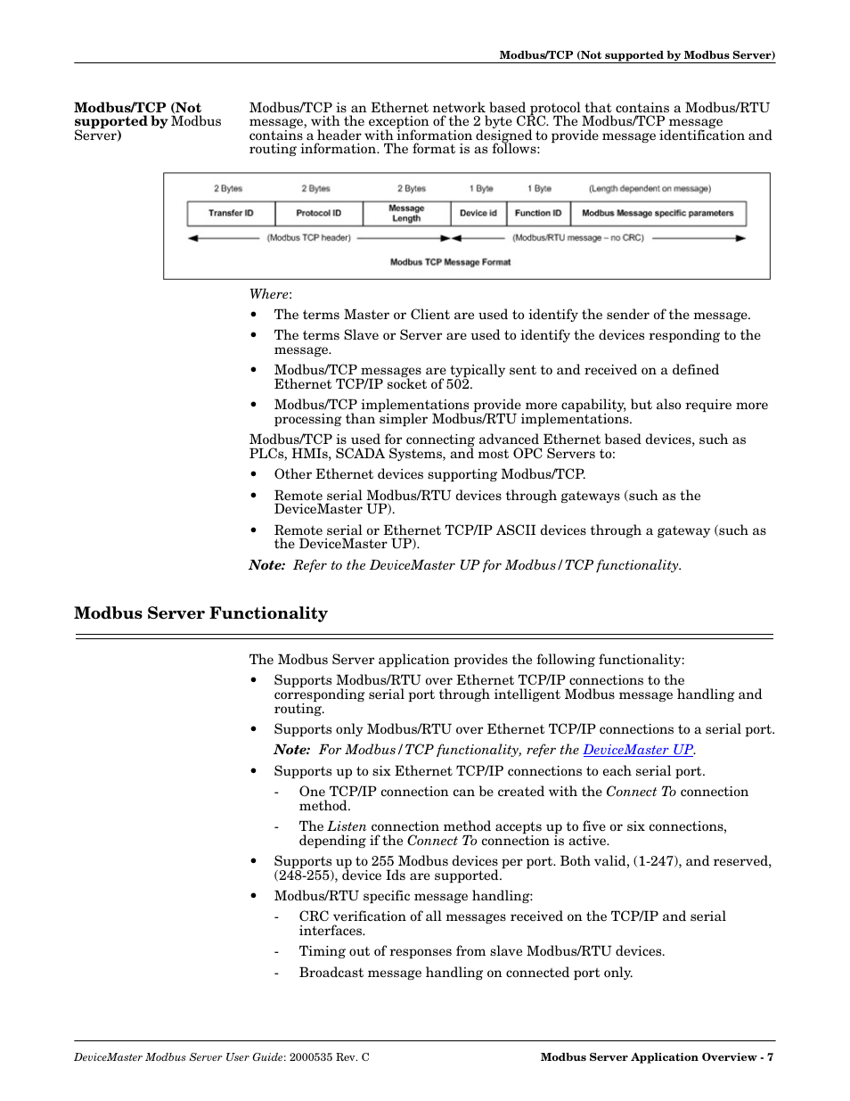 Modbus/tcp (not supported by modbus server), Modbus server functionality | Comtrol Modbus Server User Manual | Page 7 / 40