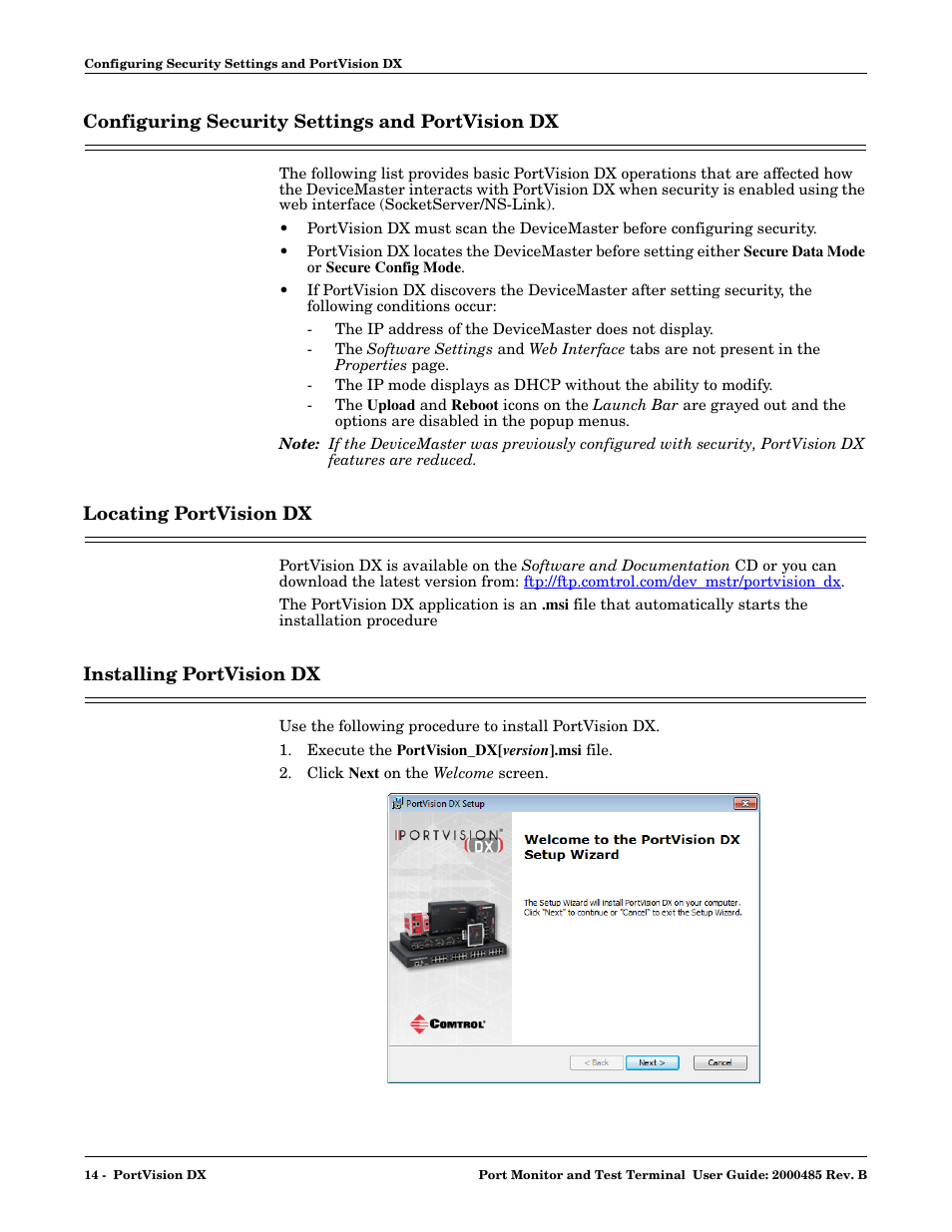 Configuring security settings and portvision dx, Locating portvision dx, Installing portvision dx | Comtrol WCom2 User Manual | Page 14 / 30