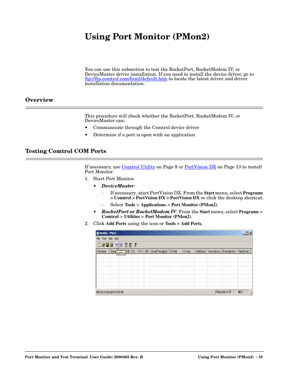 Using port monitor (pmon2), Overview, Testing comtrol com ports | Overview testing comtrol com ports | Comtrol WCom2 User Manual | Page 19 / 30