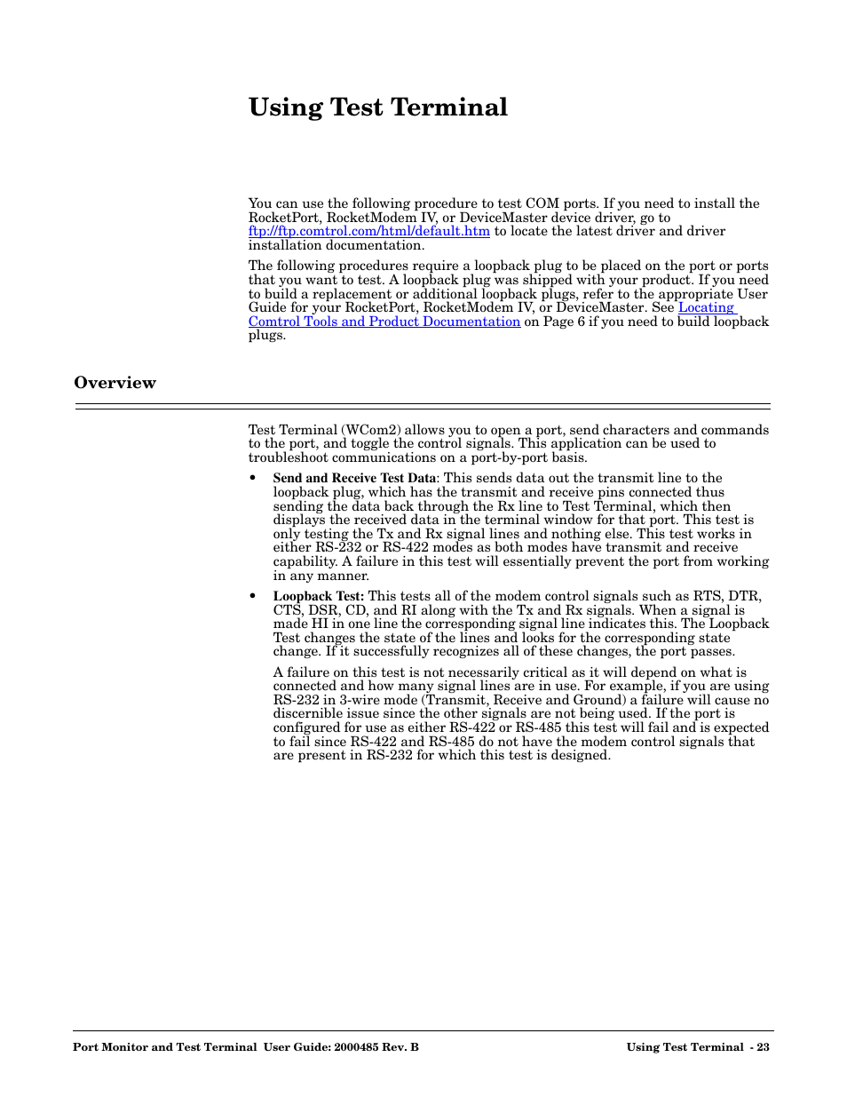 Using test terminal, Overview, 23 for procedures o | Comtrol WCom2 User Manual | Page 23 / 30