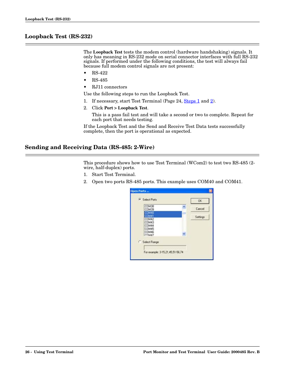 Loopback test (rs-232), Sending and receiving data (rs-485: 2-wire) | Comtrol WCom2 User Manual | Page 26 / 30