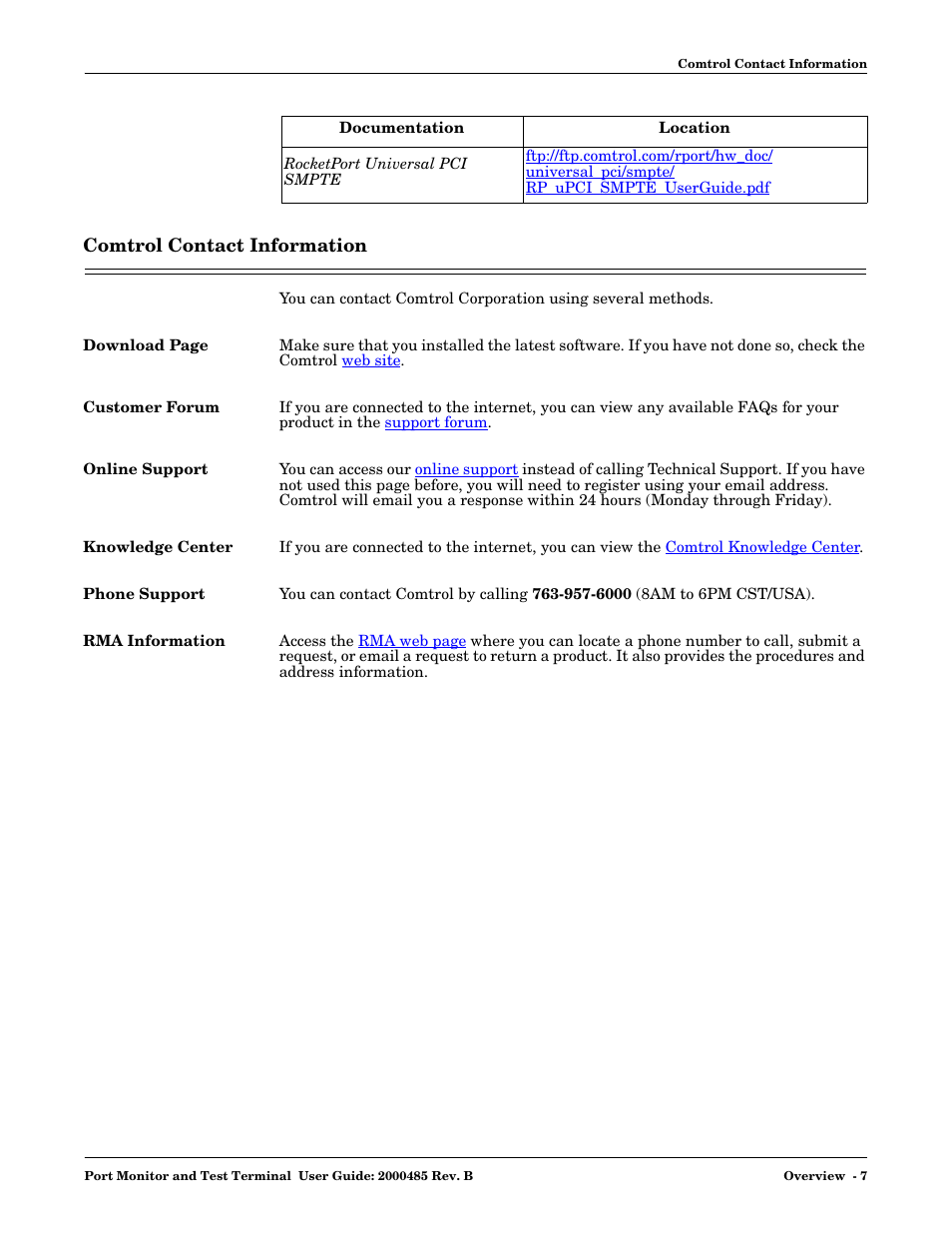 Comtrol contact information, Customer forum, Online support | Knowledge center, Phone support, Rma information | Comtrol WCom2 User Manual | Page 7 / 30