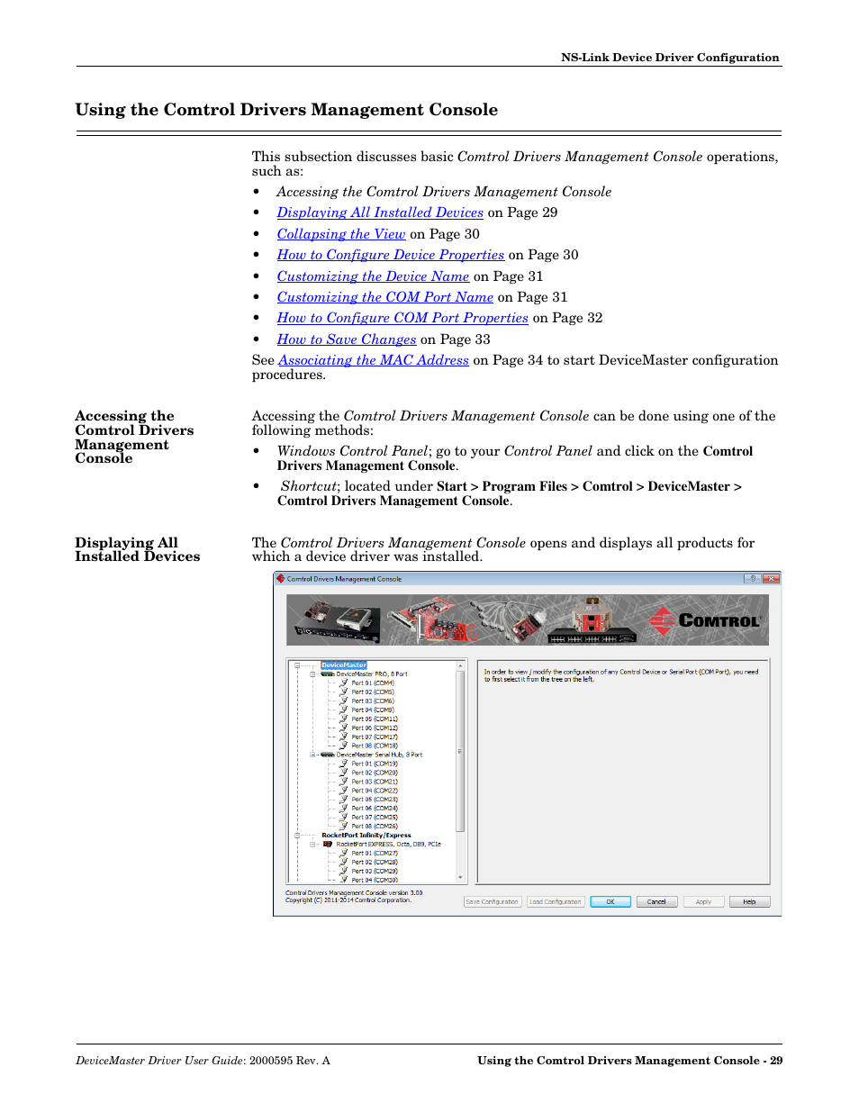 Using the comtrol drivers management console, Accessing the comtrol drivers management console, Displaying all installed devices | Comtrol DeviceMaster NS-Link User Manual | Page 29 / 88