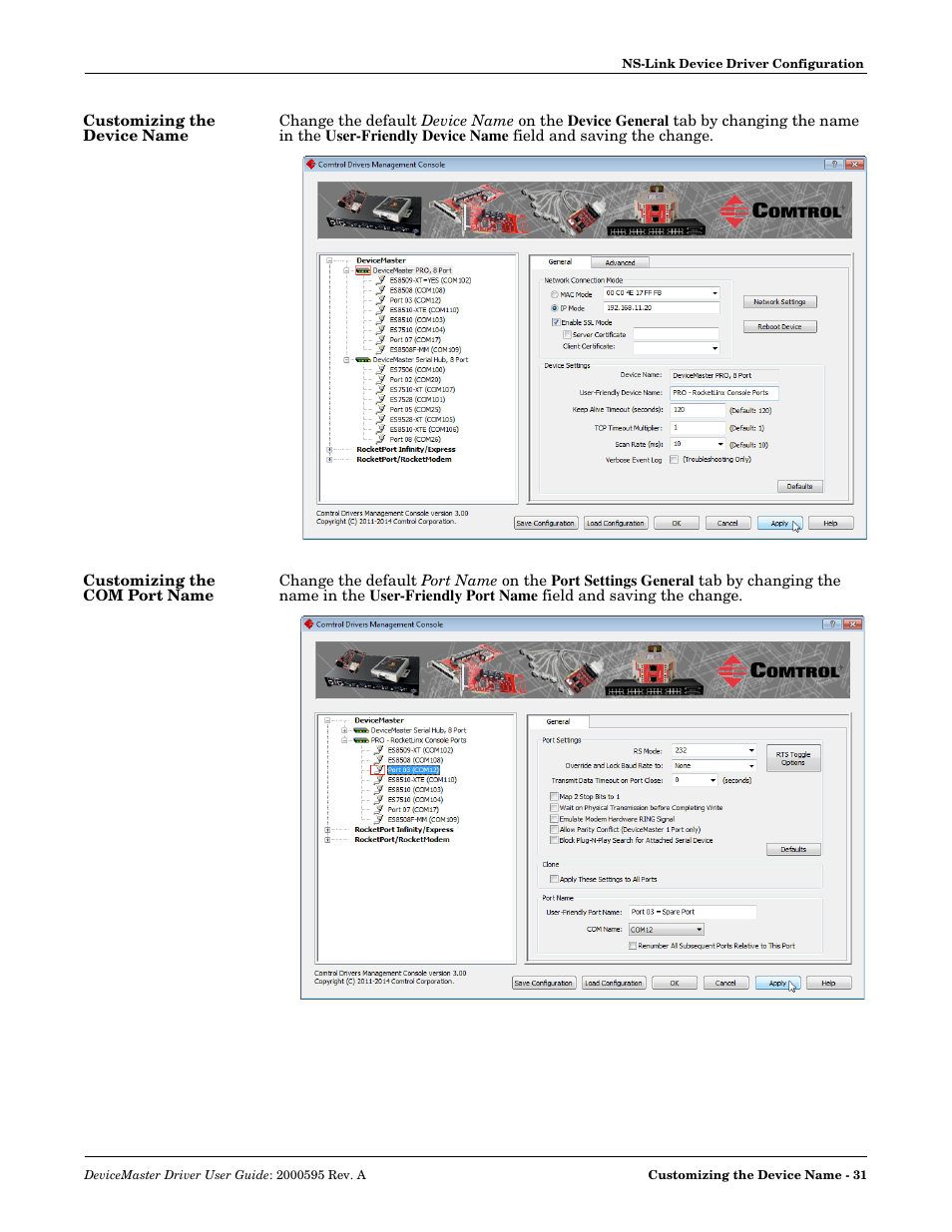 Customizing the device name, Customizing the com port name | Comtrol DeviceMaster NS-Link User Manual | Page 31 / 88