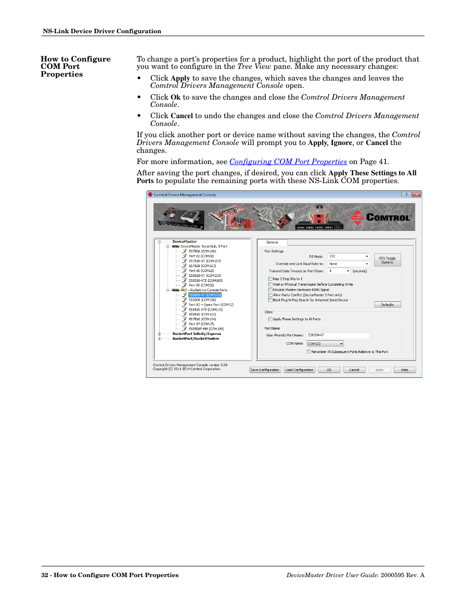 How to configure com port properties | Comtrol DeviceMaster NS-Link User Manual | Page 32 / 88