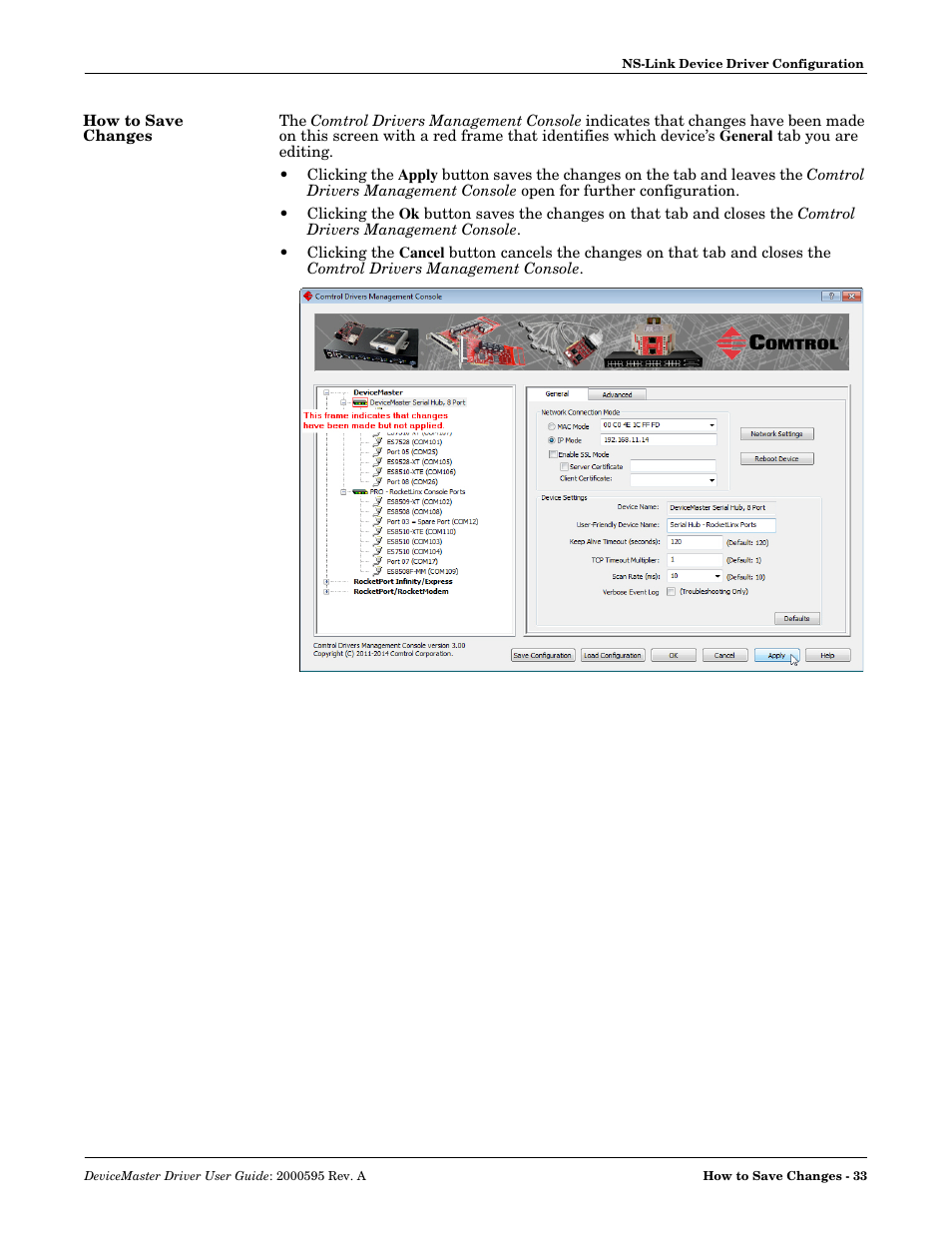 How to save changes | Comtrol DeviceMaster NS-Link User Manual | Page 33 / 88