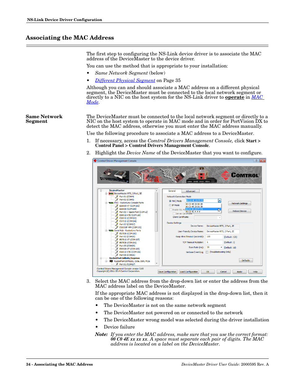 Associating the mac address, Same network segment, Associated the mac address to the devicemaster | Comtrol DeviceMaster NS-Link User Manual | Page 34 / 88