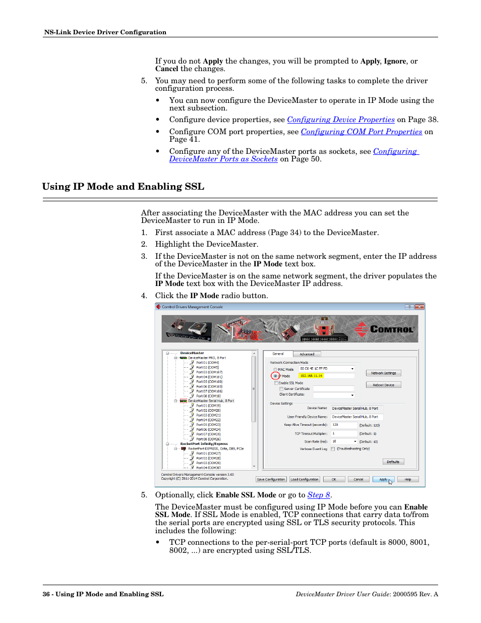 Using ip mode and enabling ssl, Using ip mode and enabling | Comtrol DeviceMaster NS-Link User Manual | Page 36 / 88