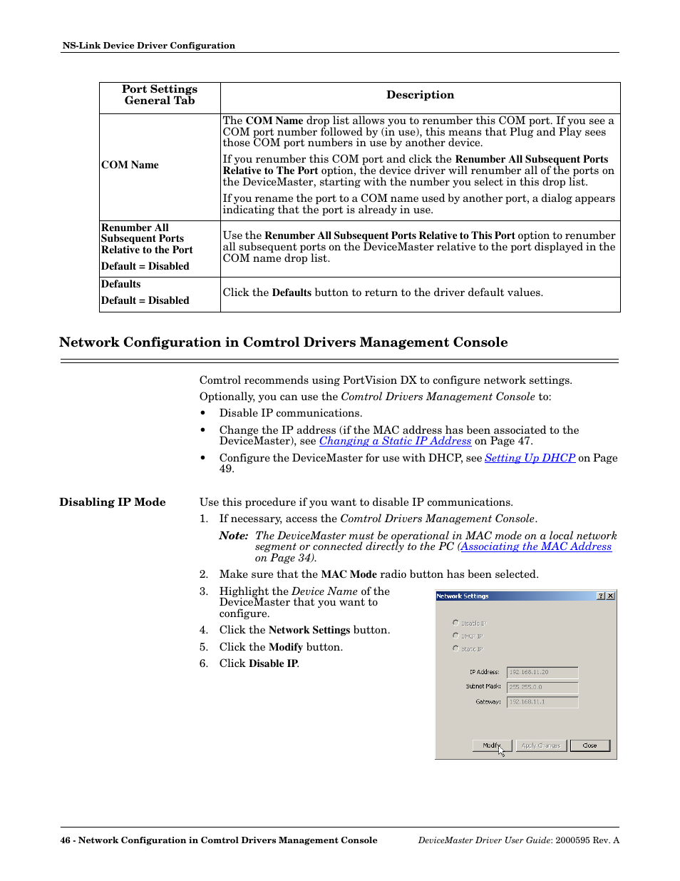 Disabling ip mode | Comtrol DeviceMaster NS-Link User Manual | Page 46 / 88