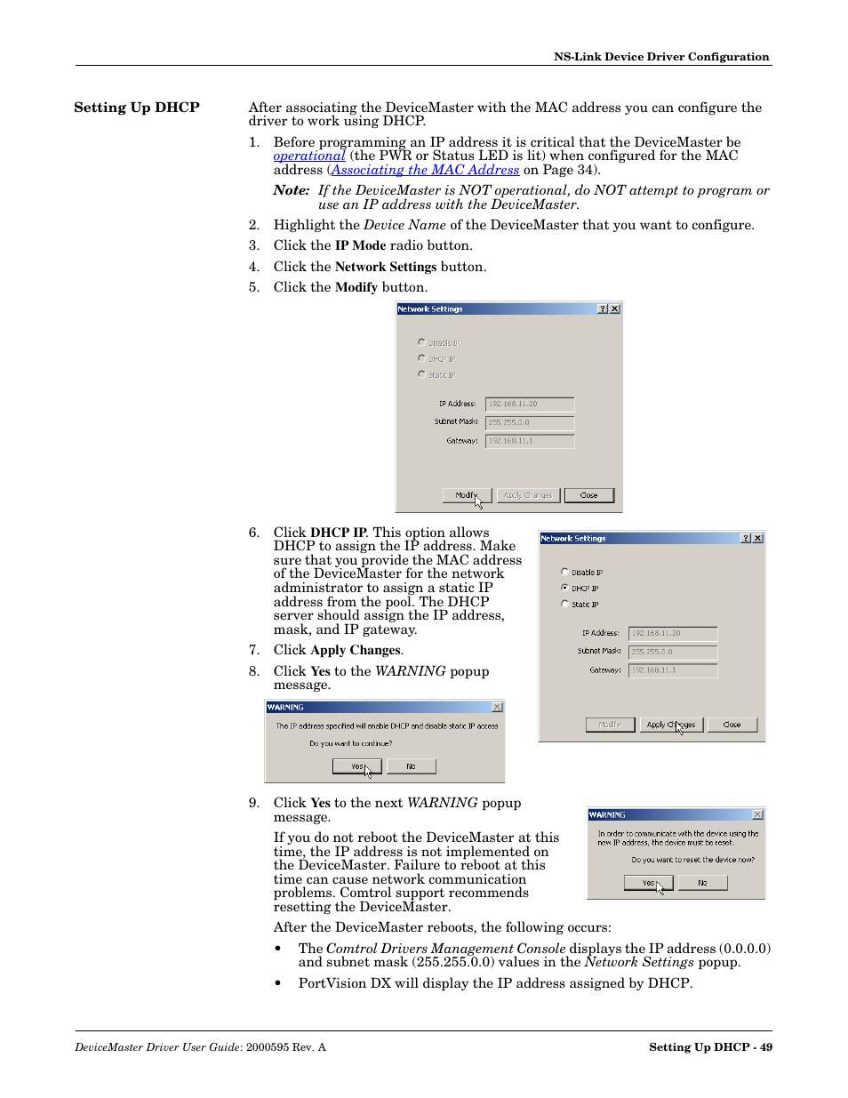 Setting up dhcp | Comtrol DeviceMaster NS-Link User Manual | Page 49 / 88