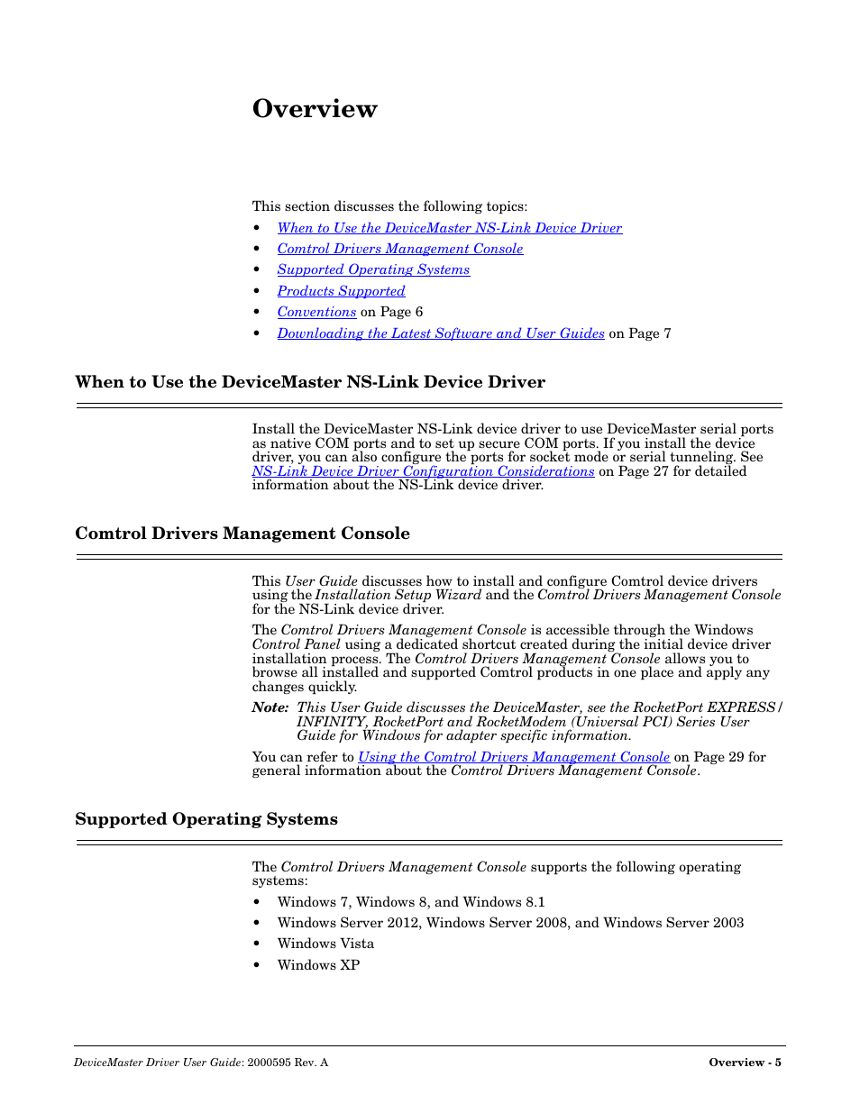 Overview, When to use the devicemaster ns-link device driver, Comtrol drivers management console | Supported operating systems | Comtrol DeviceMaster NS-Link User Manual | Page 5 / 88