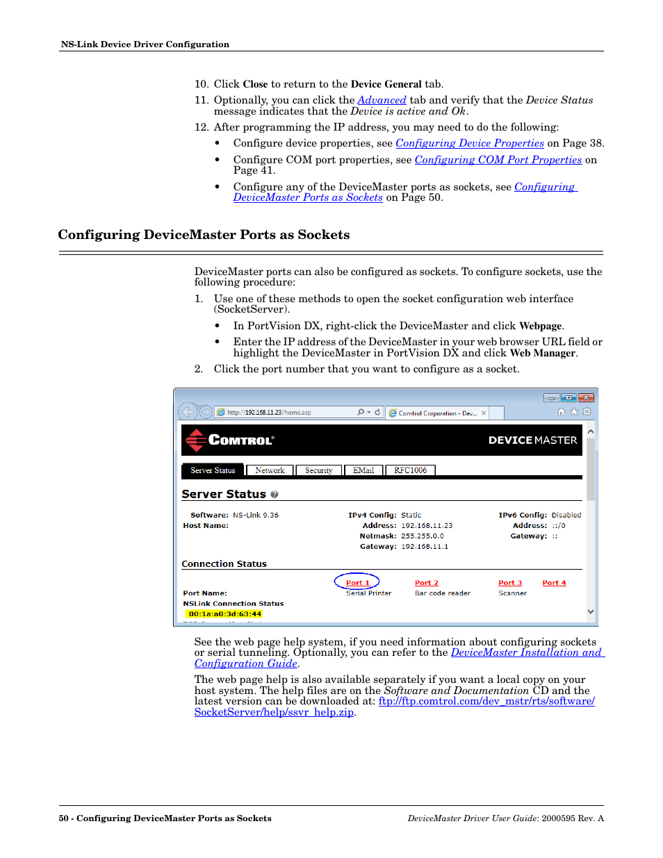 Configuring devicemaster ports as sockets, Configuring, Devicemaster ports as sockets | Ster ports as sockets, see | Comtrol DeviceMaster NS-Link User Manual | Page 50 / 88