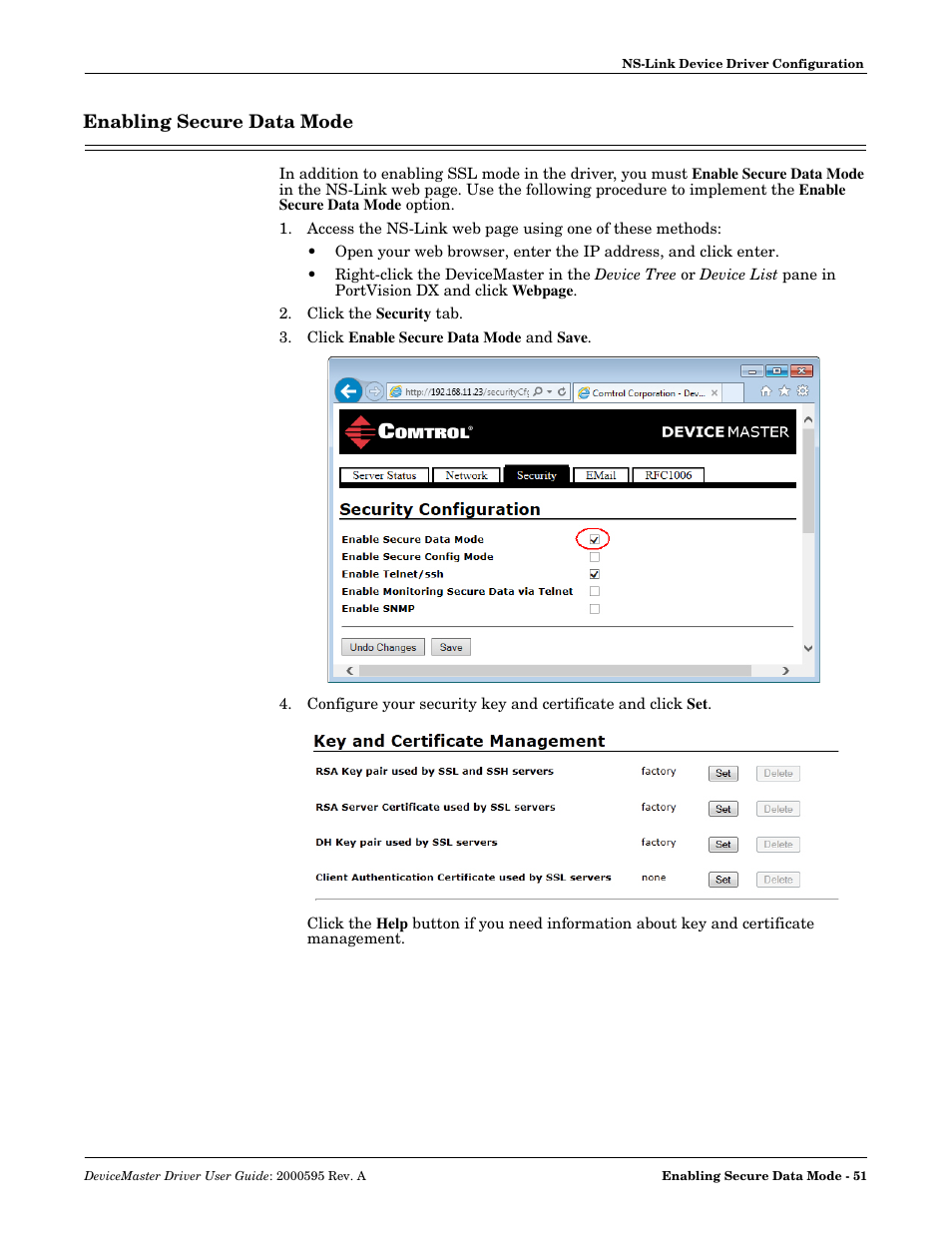 Enabling secure data mode, Enable secure data mode, Enabling secure | Data mode | Comtrol DeviceMaster NS-Link User Manual | Page 51 / 88