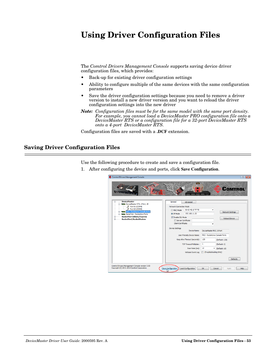 Using driver configuration files, Saving driver configuration files, Save configuration | Comtrol DeviceMaster NS-Link User Manual | Page 53 / 88