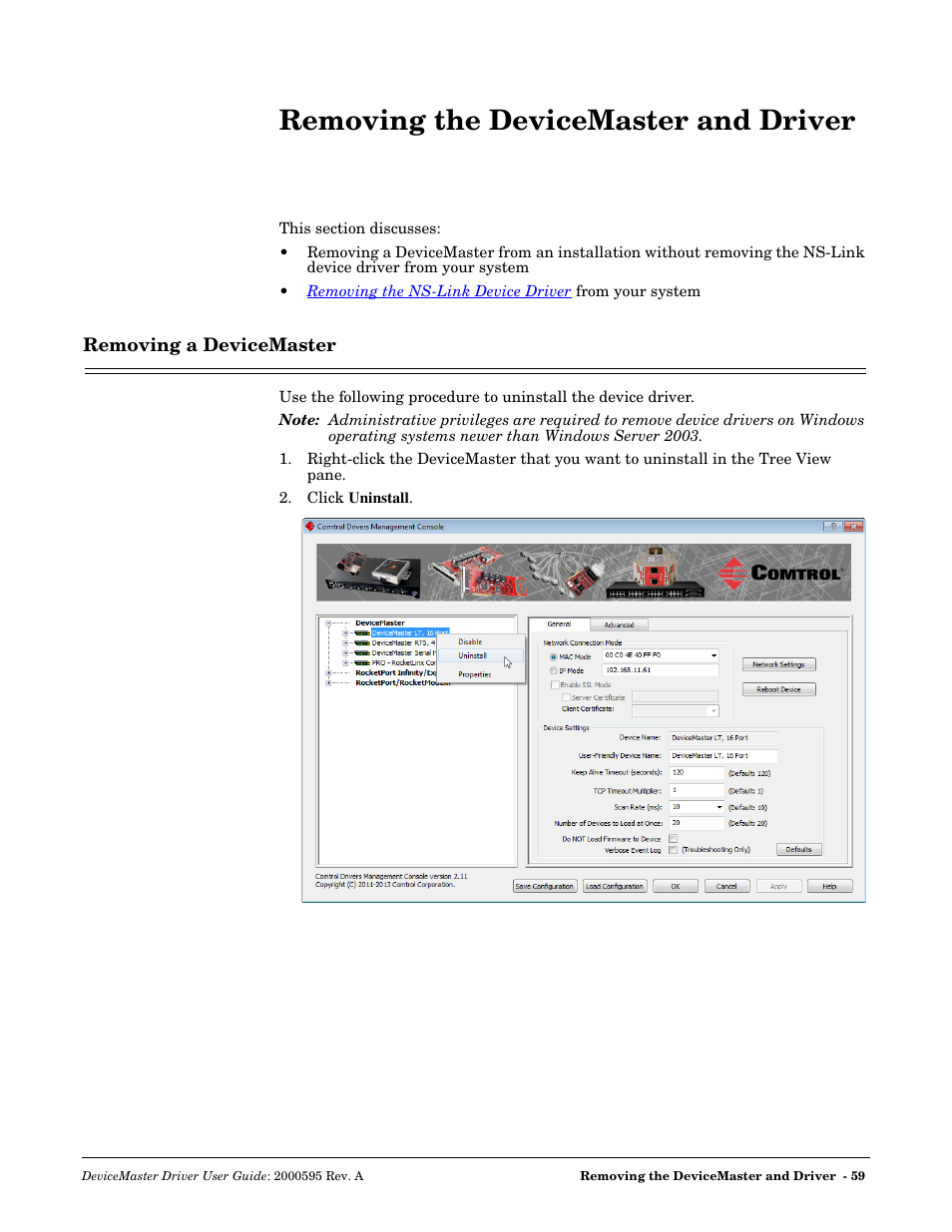 Removing the devicemaster and driver, Removing a devicemaster | Comtrol DeviceMaster NS-Link User Manual | Page 59 / 88