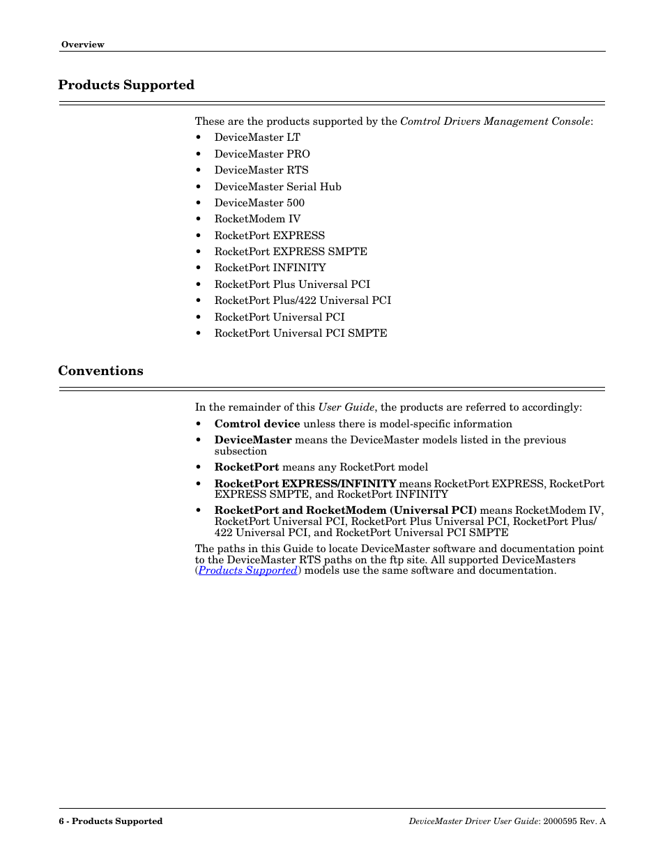 Products supported, Conventions, Products supported conventions | Comtrol DeviceMaster NS-Link User Manual | Page 6 / 88