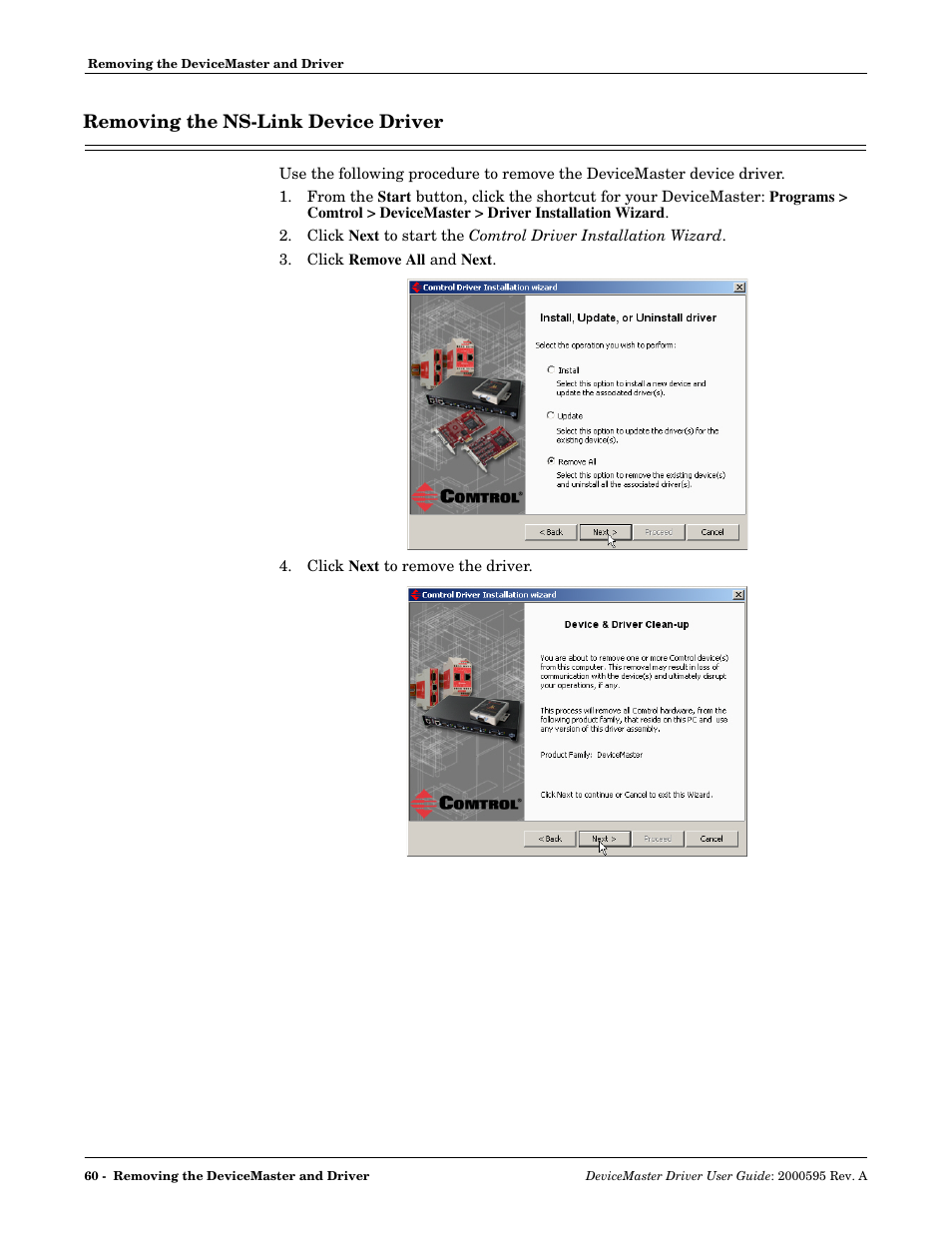 Removing the ns-link device driver | Comtrol DeviceMaster NS-Link User Manual | Page 60 / 88
