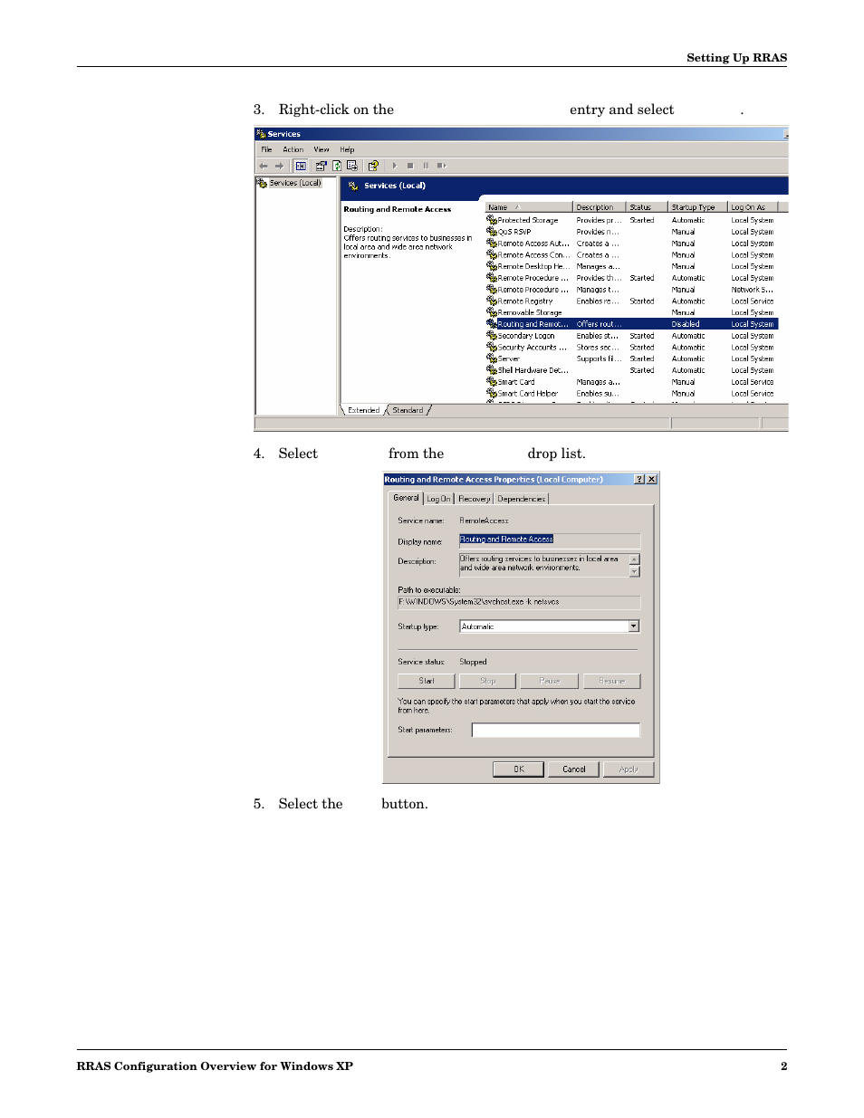Select automatic from the startup type drop list, Select the start button | Comtrol RRAS User Manual | Page 2 / 6