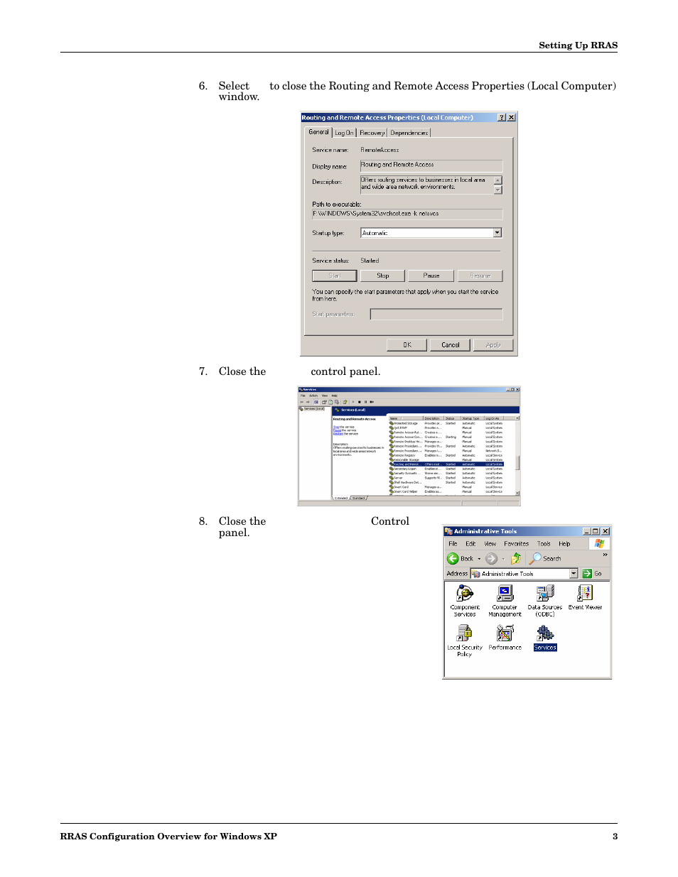Close the services control panel, Close the administrative tools control panel | Comtrol RRAS User Manual | Page 3 / 6