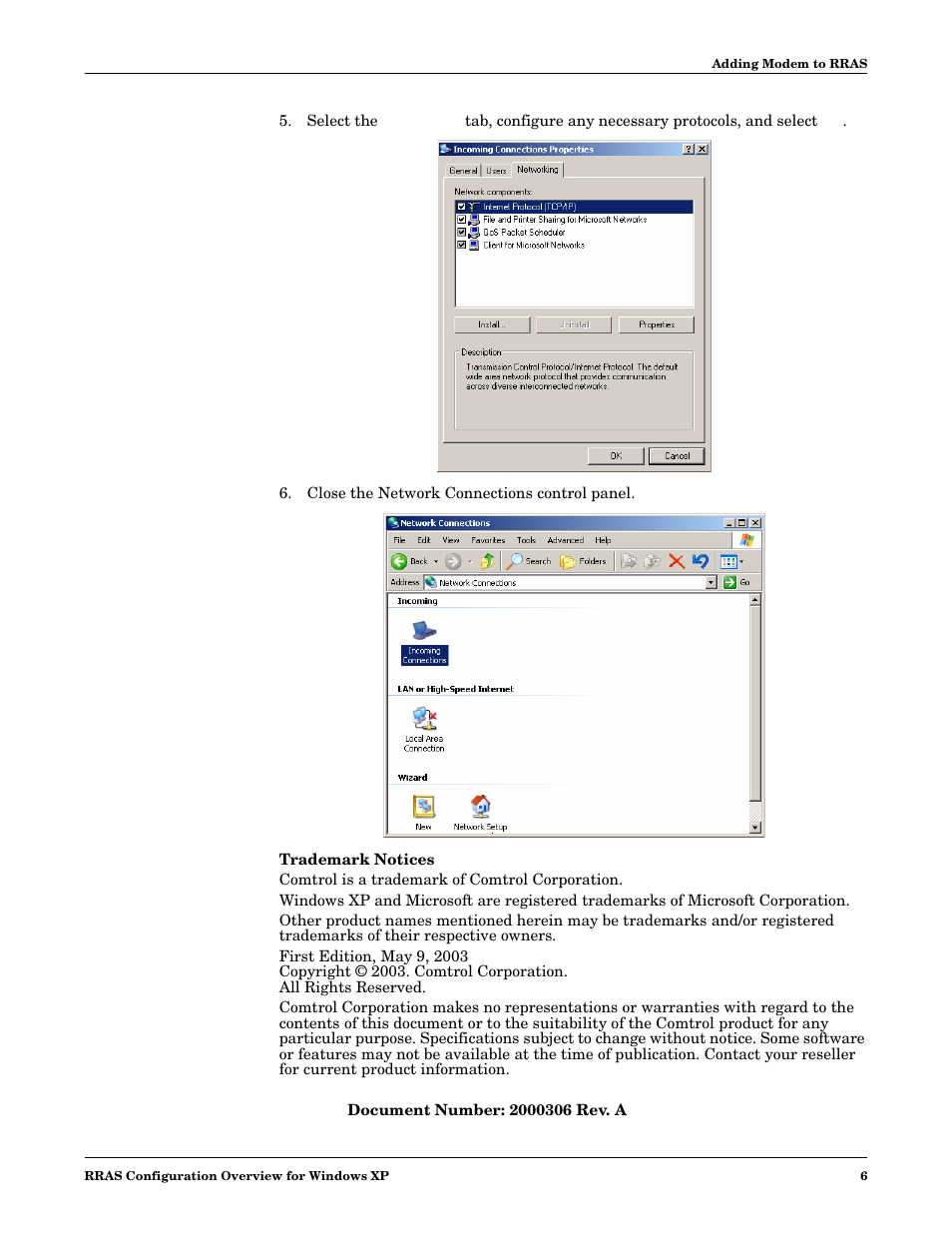 Close the network connections control panel | Comtrol RRAS User Manual | Page 6 / 6