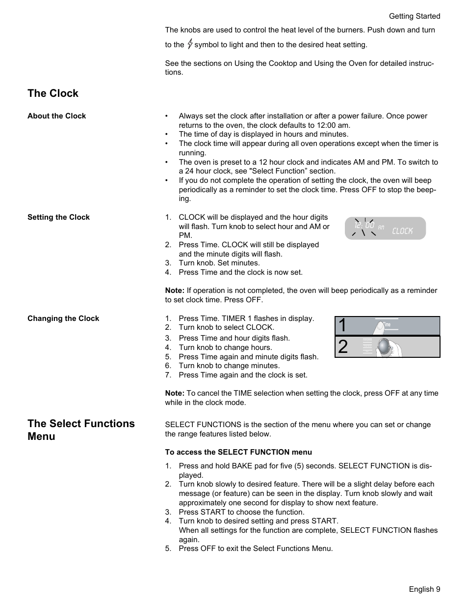 The clock, The select functions menu | Bosch Gas free-standing Range with Mechanical controls User Manual | Page 11 / 104