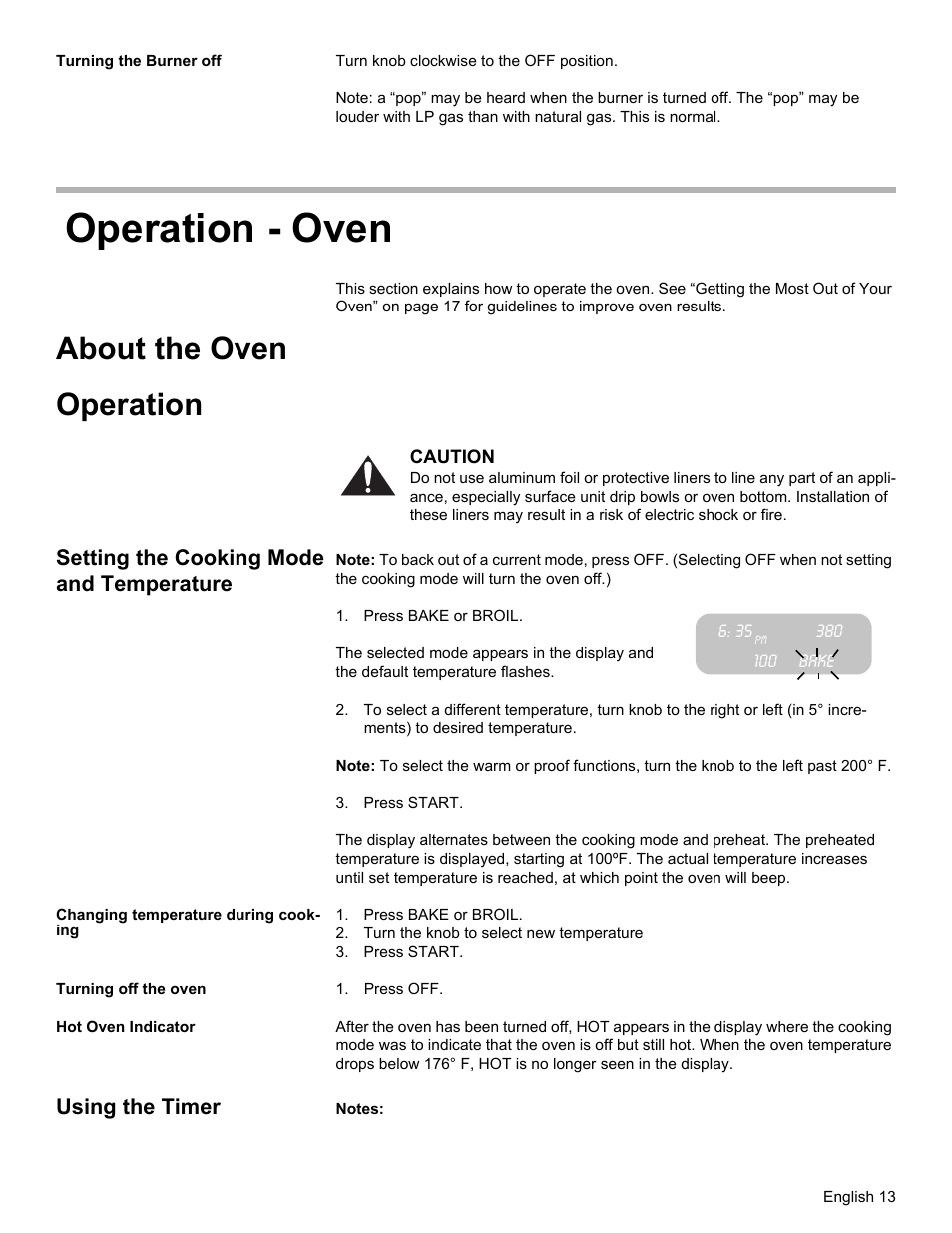 Operation - oven, About the oven operation, Setting the cooking mode and temperature | Using the timer | Bosch Gas free-standing Range with Mechanical controls User Manual | Page 15 / 104