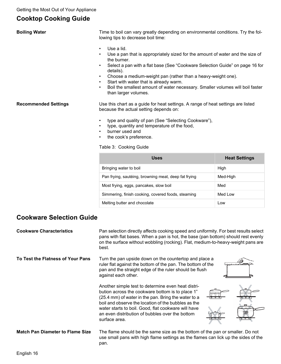 Cooktop cooking guide, Cookware selection guide | Bosch Gas free-standing Range with Mechanical controls User Manual | Page 18 / 104
