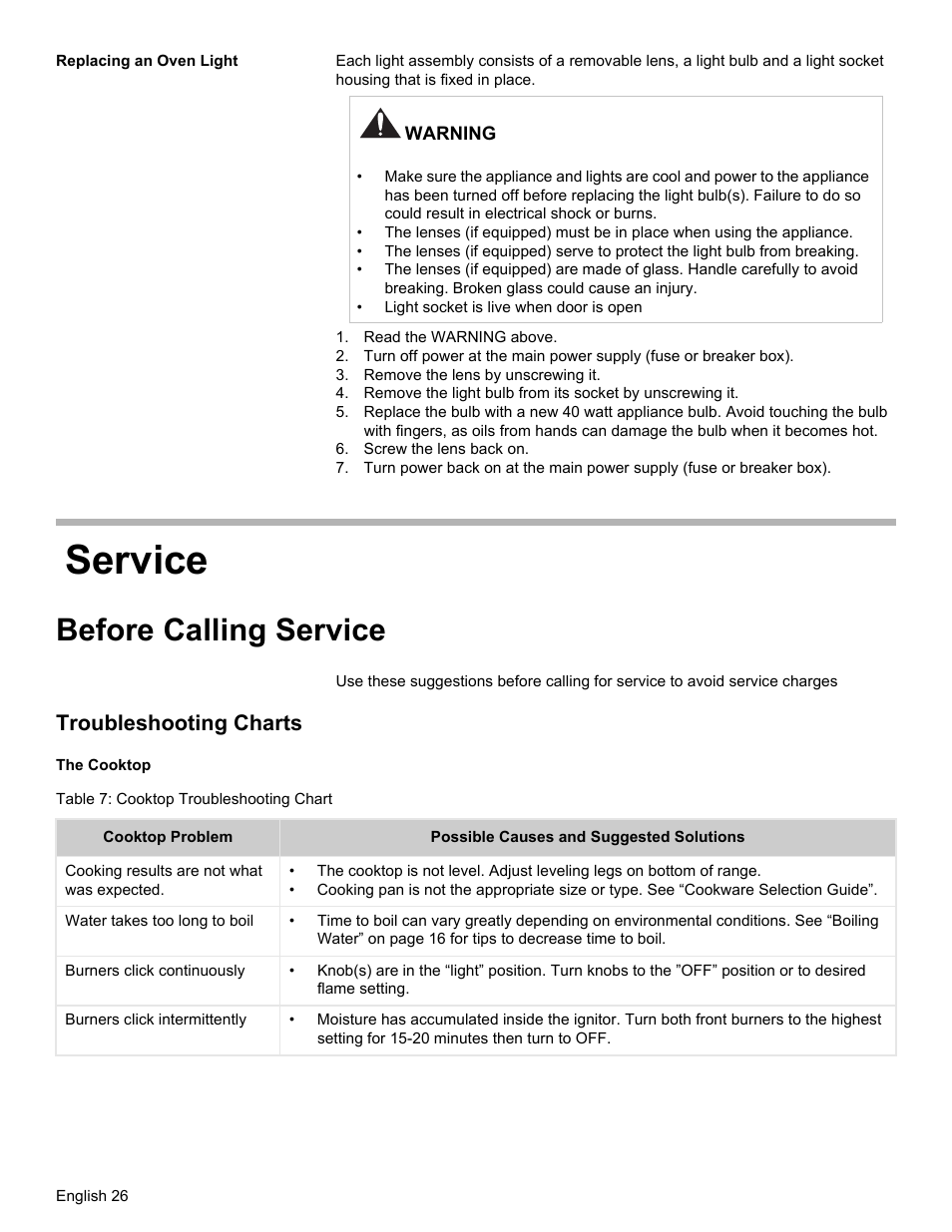 Service, Before calling service, Troubleshooting charts | Bosch Gas free-standing Range with Mechanical controls User Manual | Page 28 / 104