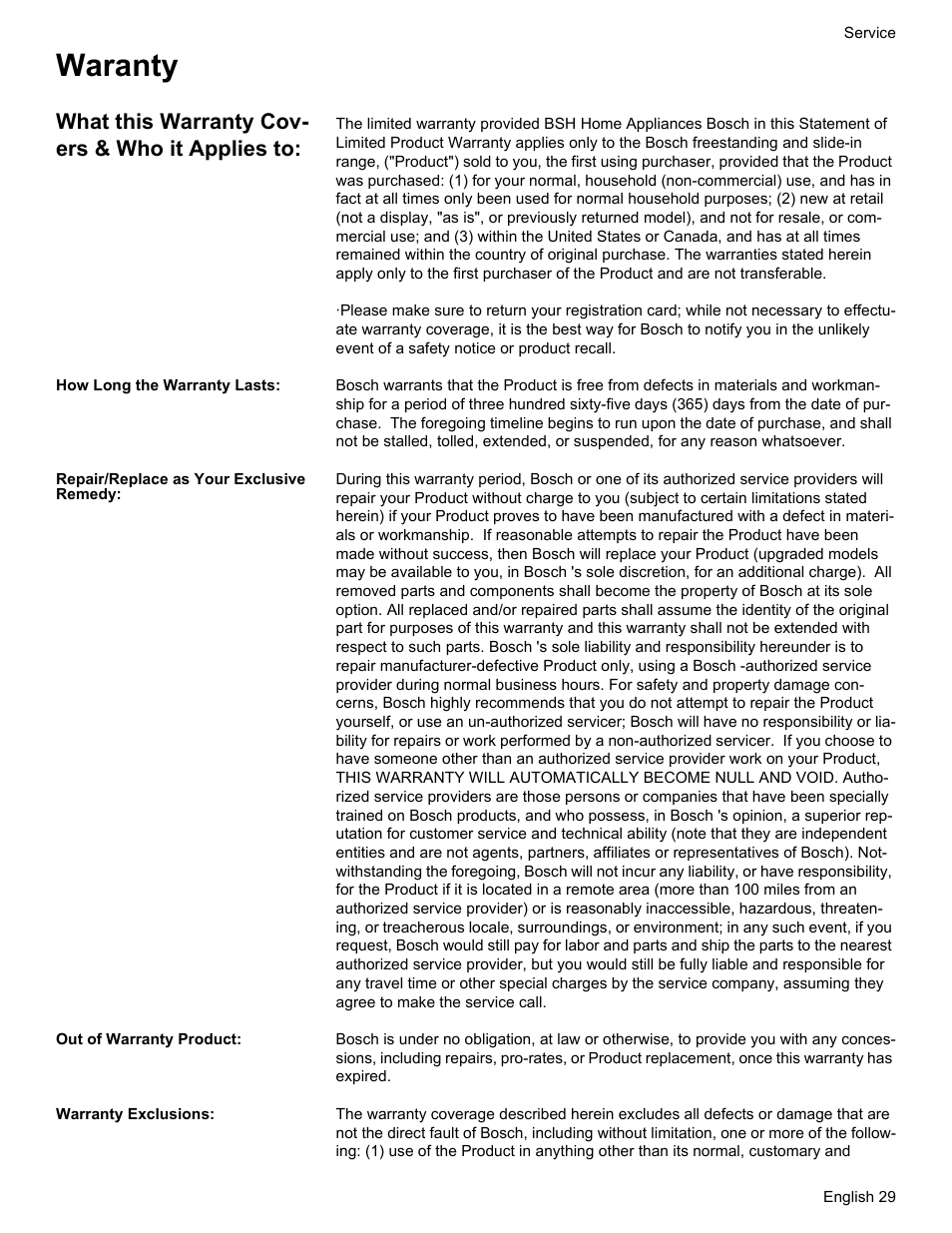 Waranty, What this warranty cov- ers & who it applies to | Bosch Gas free-standing Range with Mechanical controls User Manual | Page 31 / 104