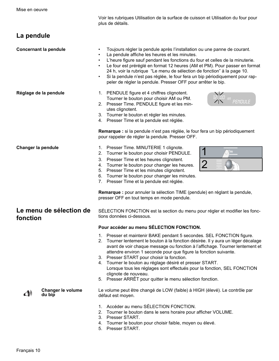 La pendule, Le menu de sélection de fonction | Bosch Gas free-standing Range with Mechanical controls User Manual | Page 44 / 104