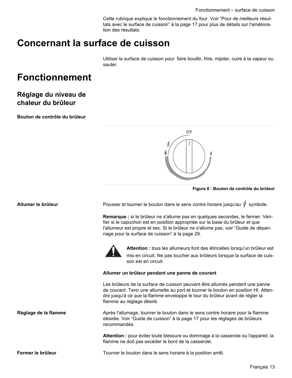 Concernant la surface de cuisson, Fonctionnement, Réglage du niveau de chaleur du brûleur | Bosch Gas free-standing Range with Mechanical controls User Manual | Page 47 / 104
