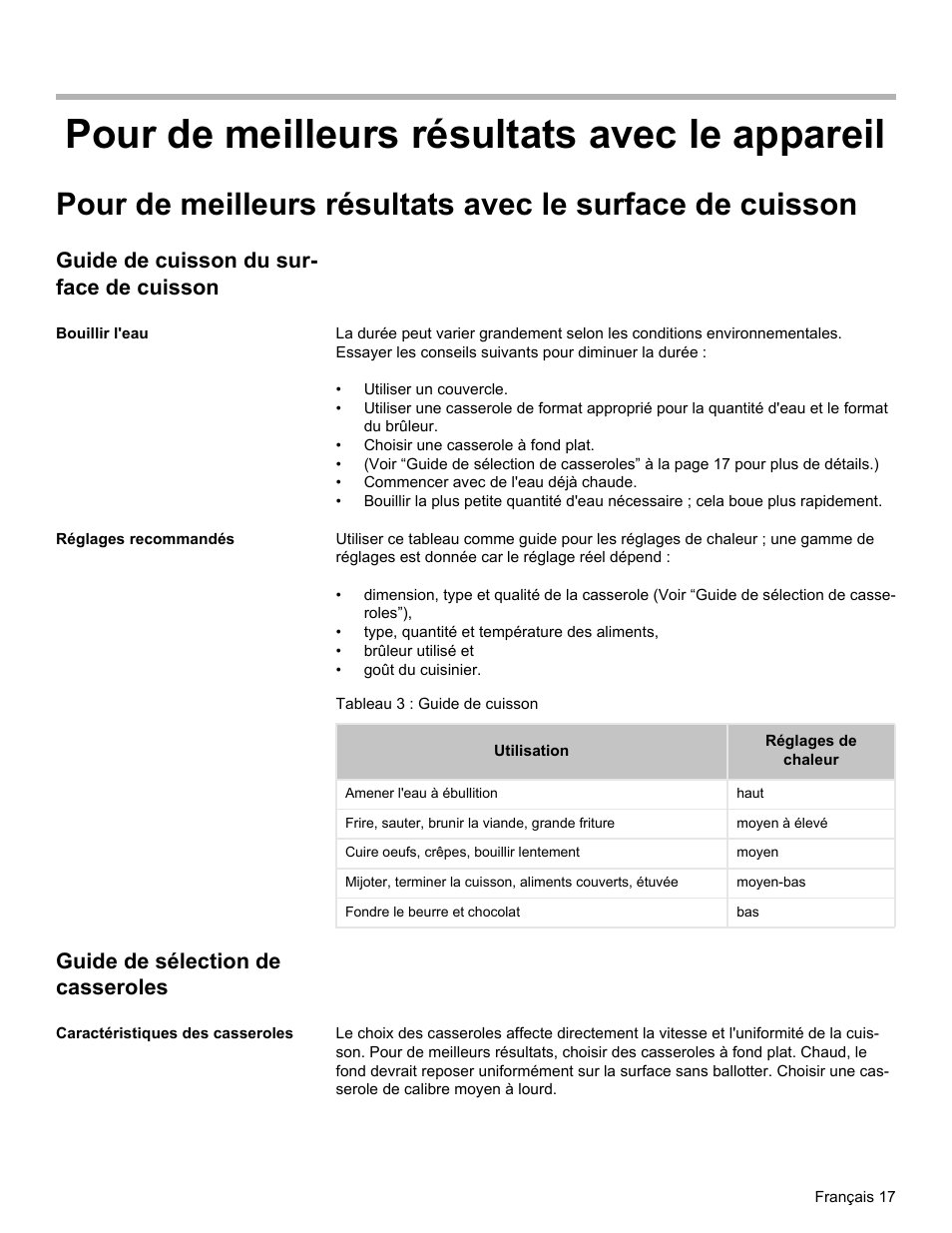 Pour de meilleurs résultats avec le appareil, Guide de cuisson du sur- face de cuisson, Guide de sélection de casseroles | Bosch Gas free-standing Range with Mechanical controls User Manual | Page 51 / 104