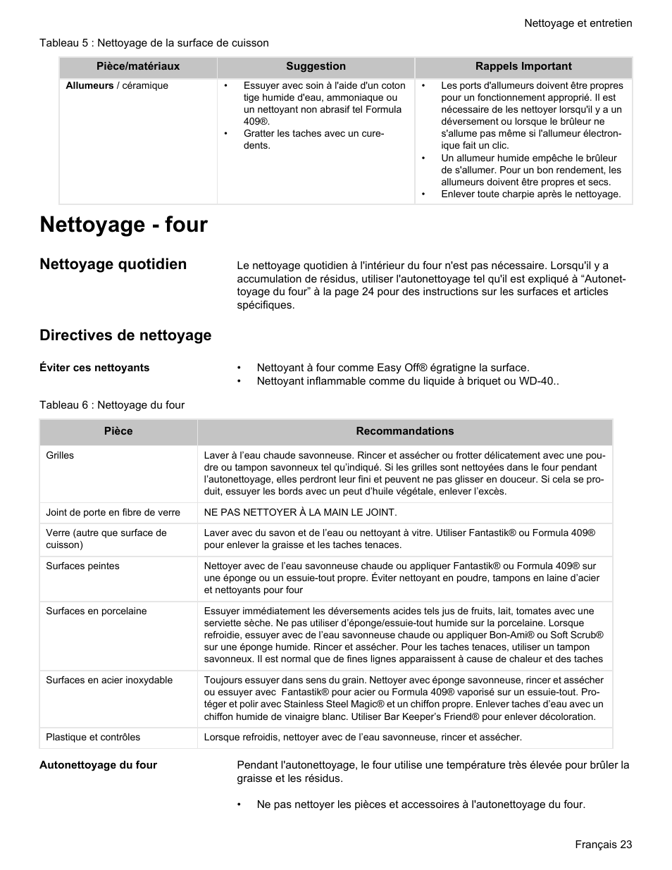 Nettoyage - four, Nettoyage quotidien, Directives de nettoyage | Bosch Gas free-standing Range with Mechanical controls User Manual | Page 57 / 104