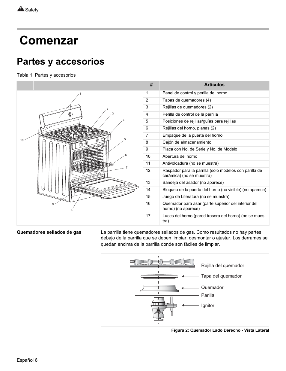Comenzar, Partes y accesorios | Bosch Gas free-standing Range with Mechanical controls User Manual | Page 74 / 104