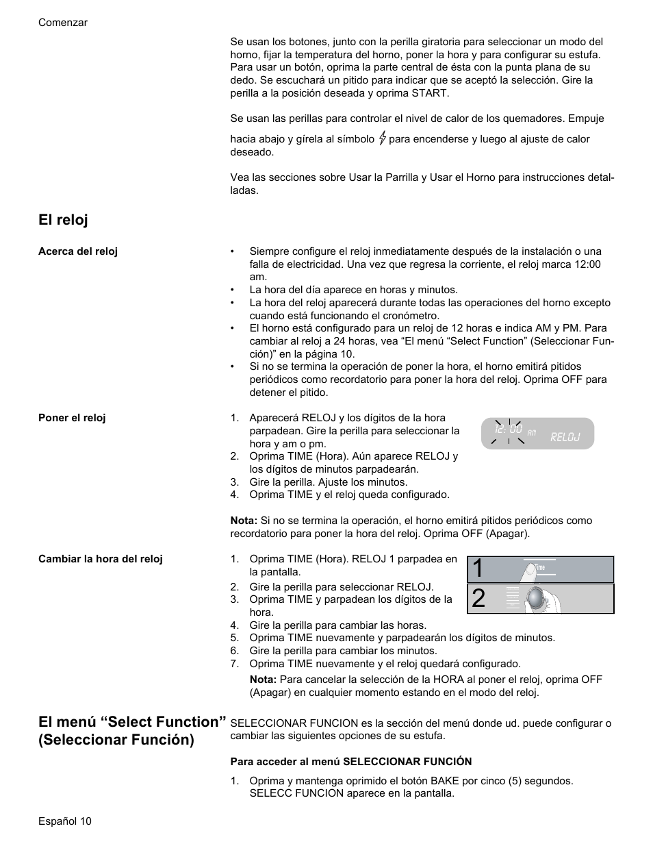 El reloj, El menú “select function” (seleccionar función) | Bosch Gas free-standing Range with Mechanical controls User Manual | Page 78 / 104