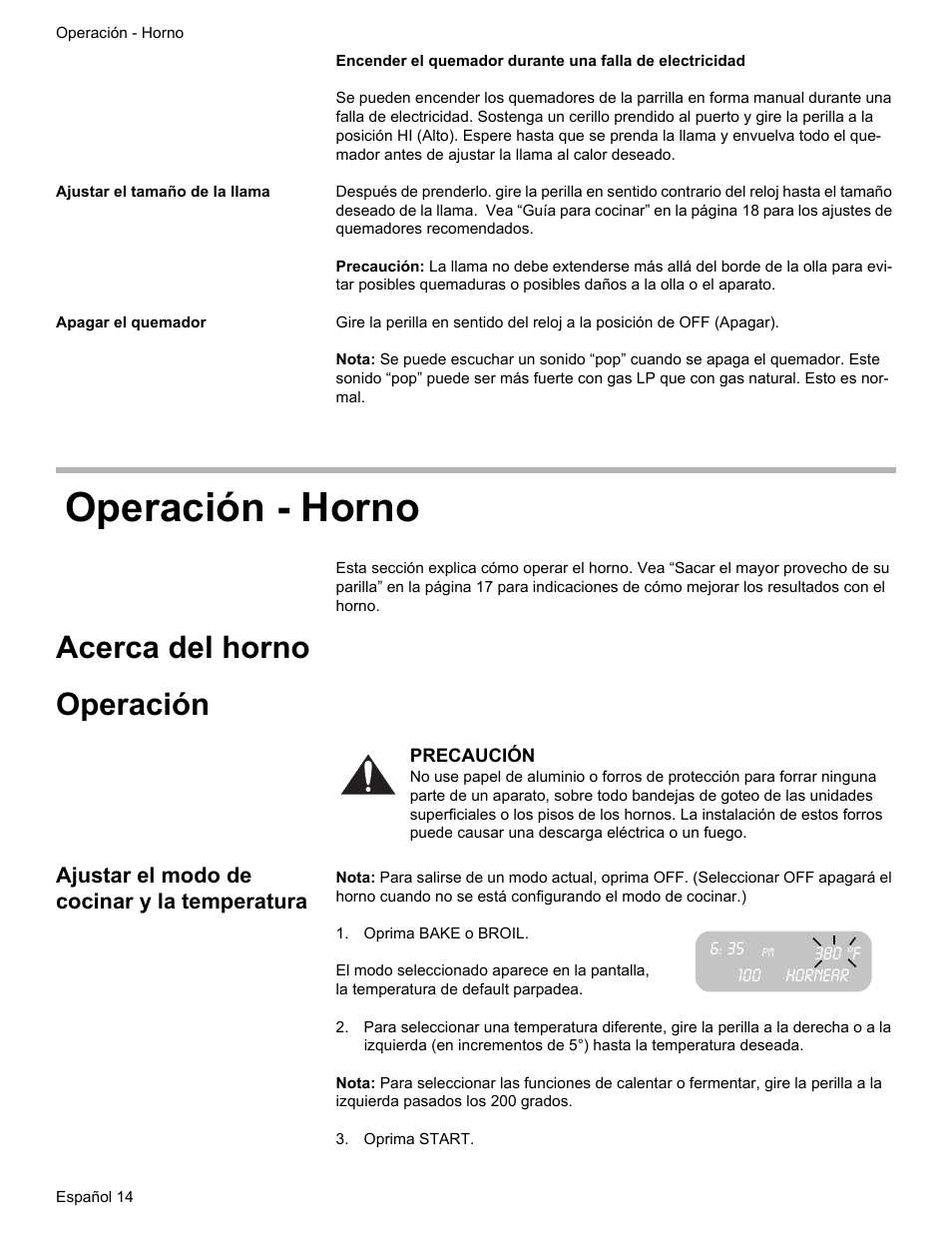 Operación - horno, Acerca del horno operación | Bosch Gas free-standing Range with Mechanical controls User Manual | Page 82 / 104