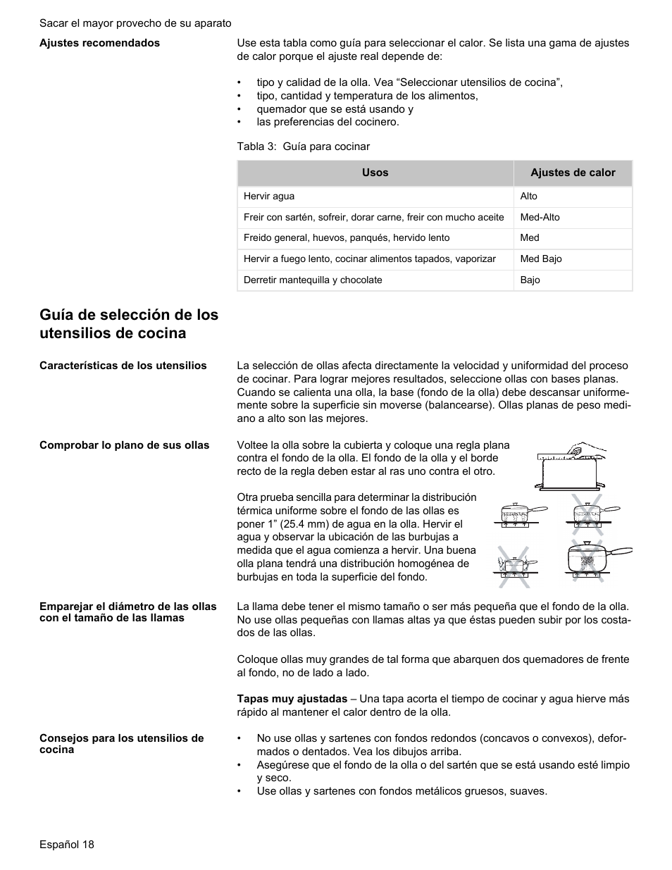 Guía de selección de los utensilios de cocina | Bosch Gas free-standing Range with Mechanical controls User Manual | Page 86 / 104