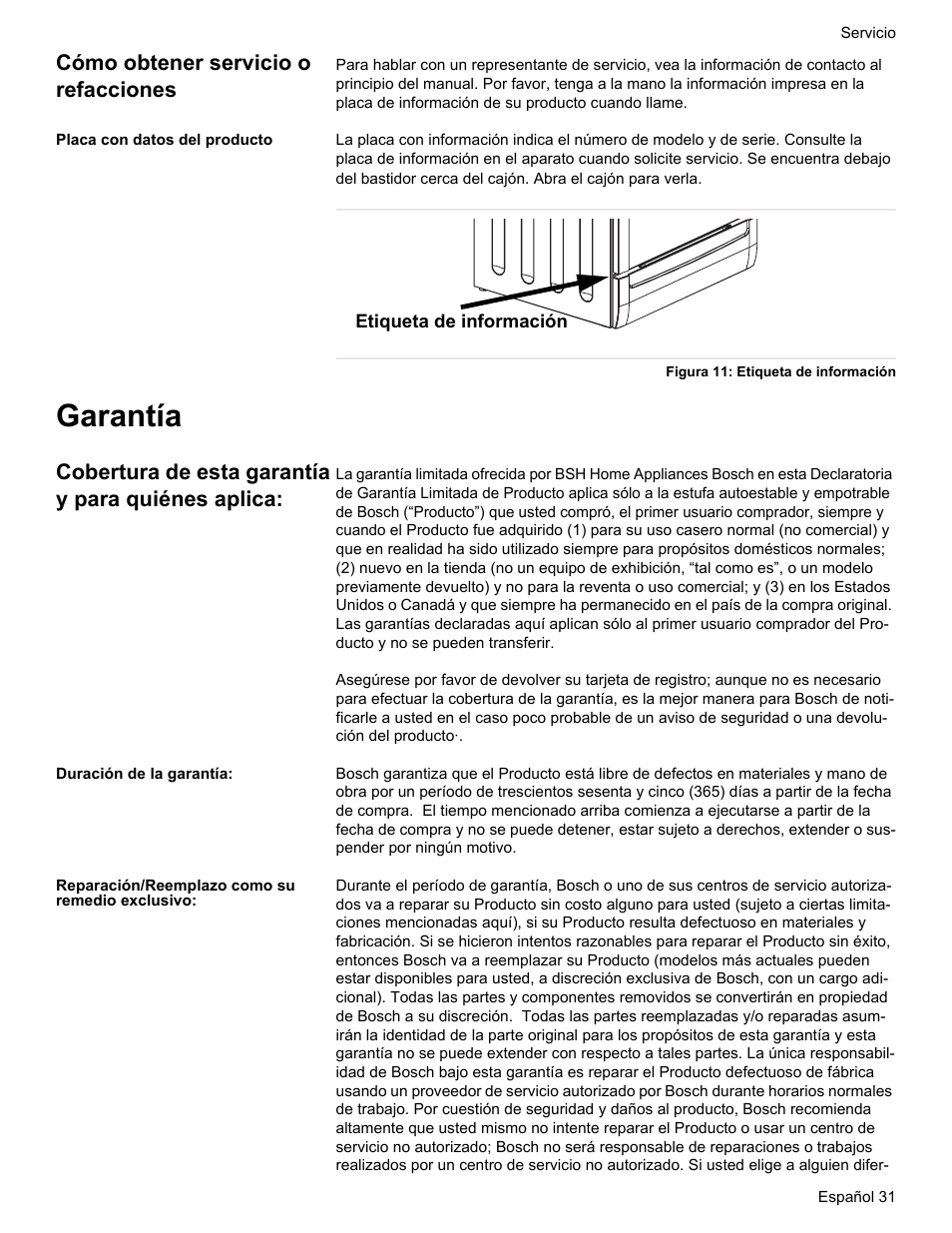 Garantía, Cómo obtener servicio o refacciones, Cobertura de esta garantía y para quiénes aplica | Bosch Gas free-standing Range with Mechanical controls User Manual | Page 99 / 104