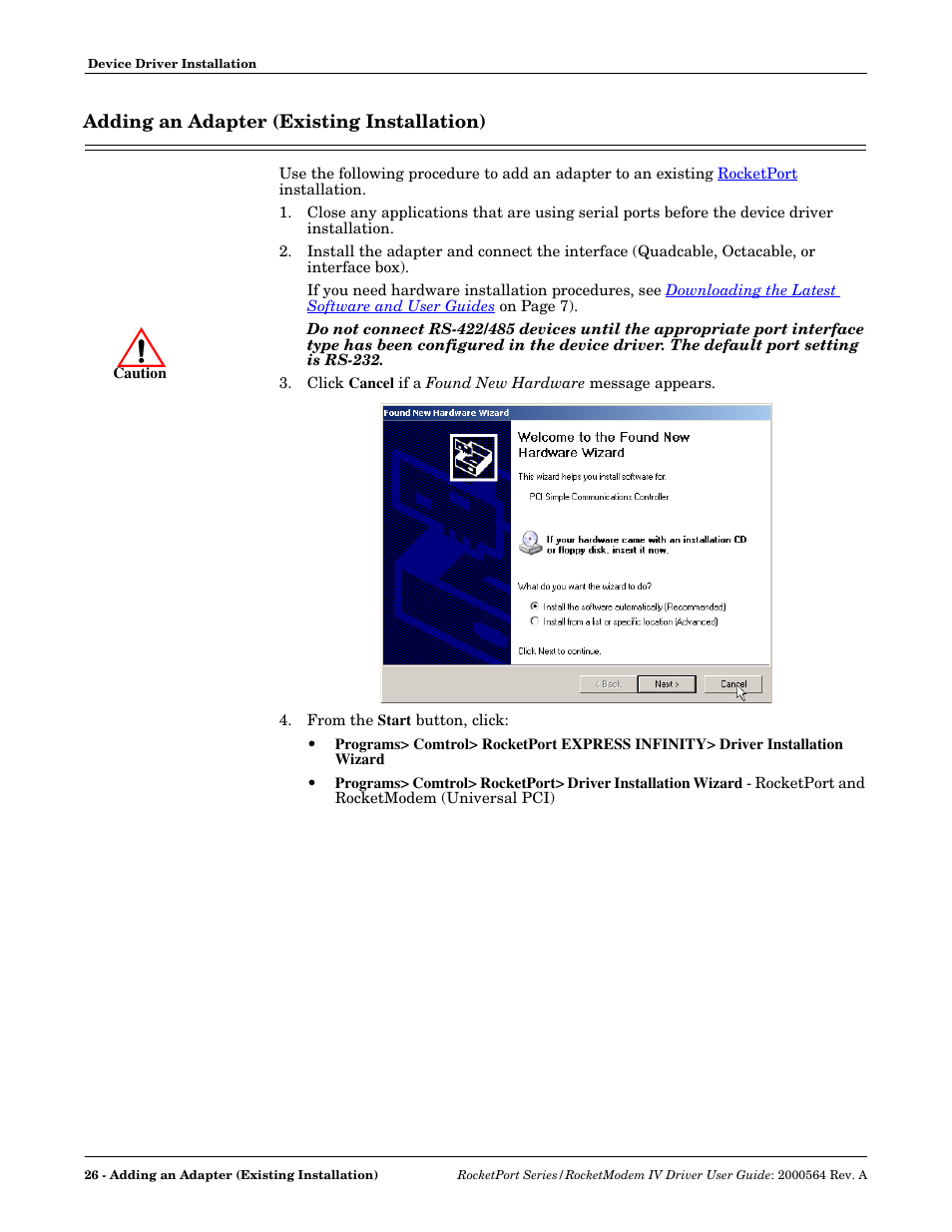 Adding an adapter (existing installation) | Comtrol Rocket Port User Manual | Page 20 / 66