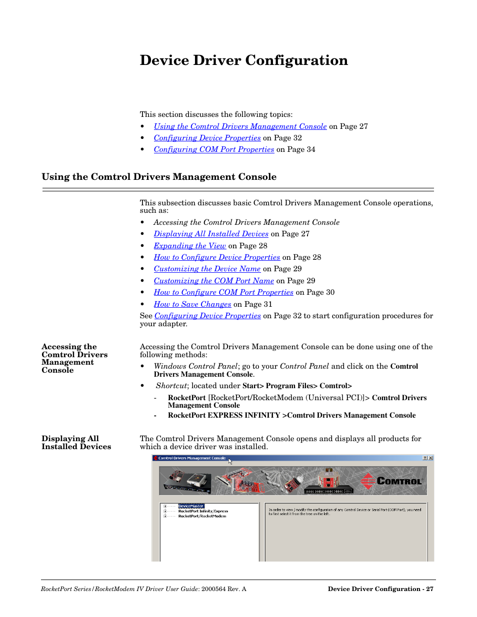 Device driver configuration, Using the comtrol drivers management console, Accessing the comtrol drivers management console | Displaying all installed devices | Comtrol Rocket Port User Manual | Page 23 / 66