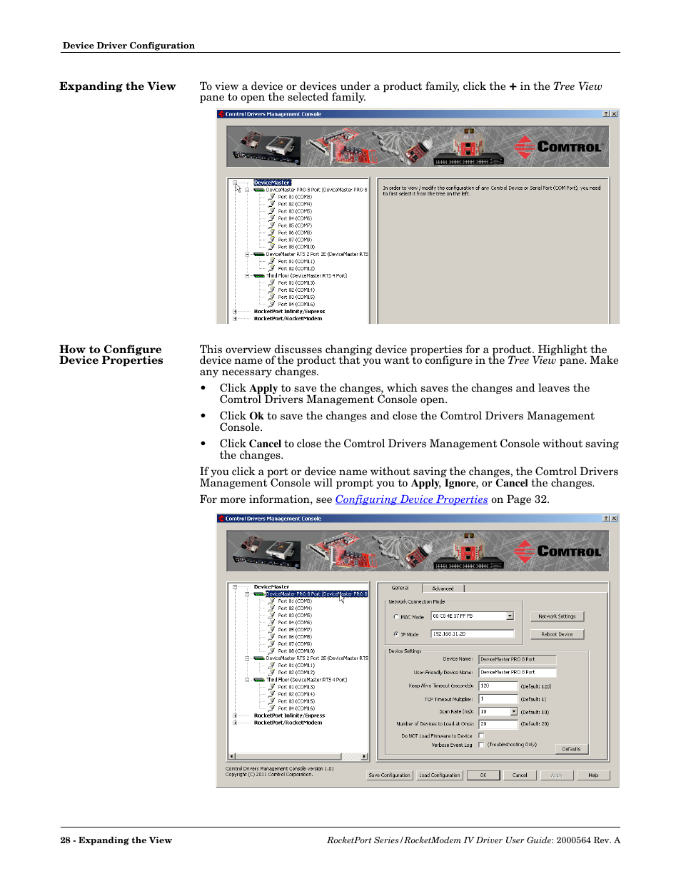 Expanding the view, How to configure device properties | Comtrol Rocket Port User Manual | Page 24 / 66